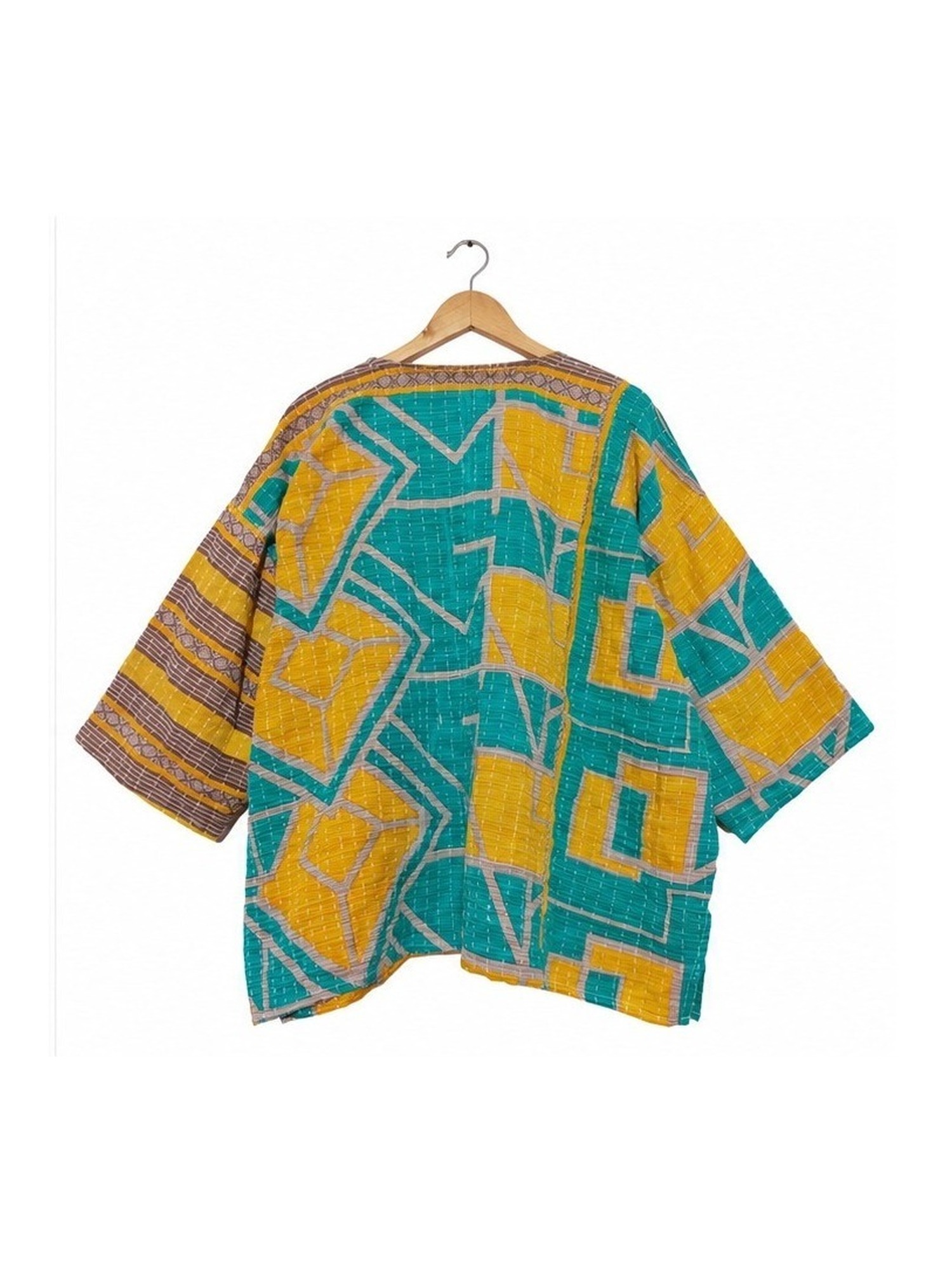Teal and Mustard Geometric Reversible Kantha Top – Handmade Vintage Cotton Sari Boho Top, Free Size - Image 4