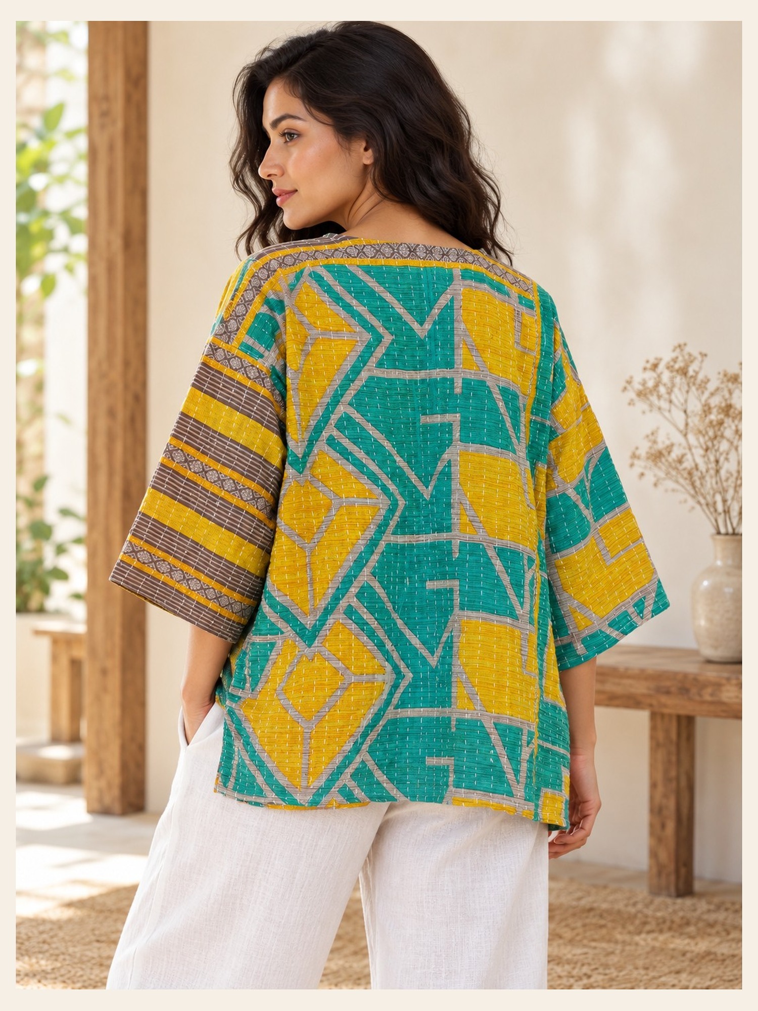 Teal and Mustard Geometric Reversible Kantha Top – Handmade Vintage Cotton Sari Boho Top, Free Size - Image 5