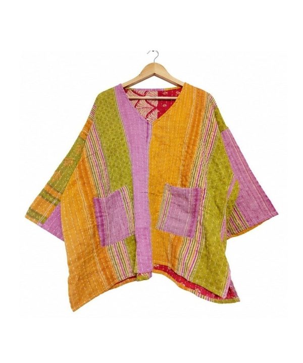 Alternative view of Mustard and Lilac Striped Reversible Kantha Top – Handmade Vintage Cotton Sari Boho Top, Free Size