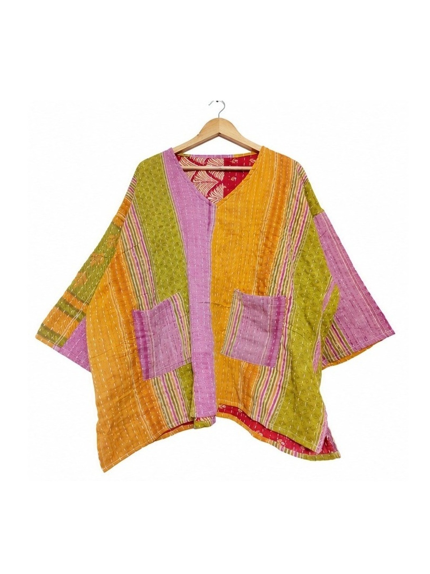 Mustard and Lilac Striped Reversible Kantha Top – Handmade Vintage Cotton Sari Boho Top, Free Size - Image 2