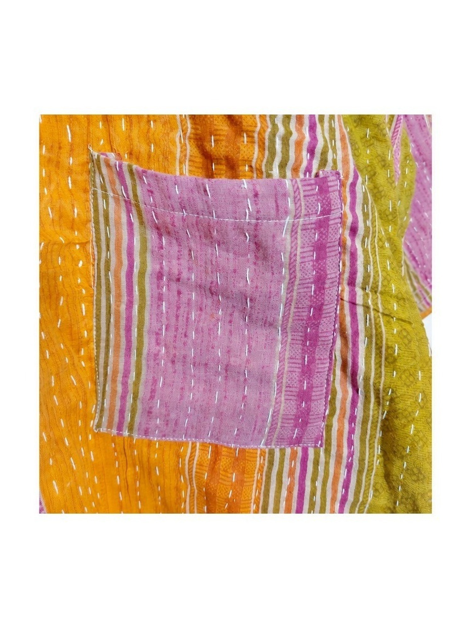 Mustard and Lilac Striped Reversible Kantha Top – Handmade Vintage Cotton Sari Boho Top, Free Size - Image 3