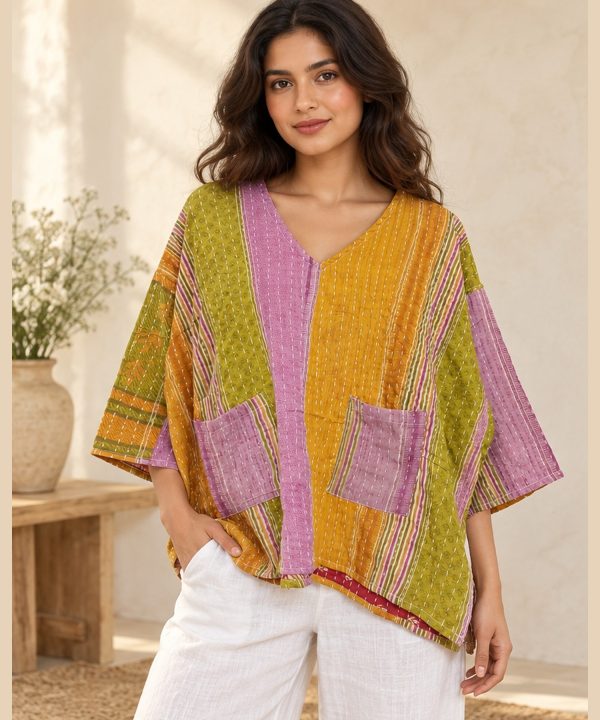Mustard and Lilac Striped Reversible Kantha Top – Handmade Vintage Cotton Sari Boho Top, Free Size