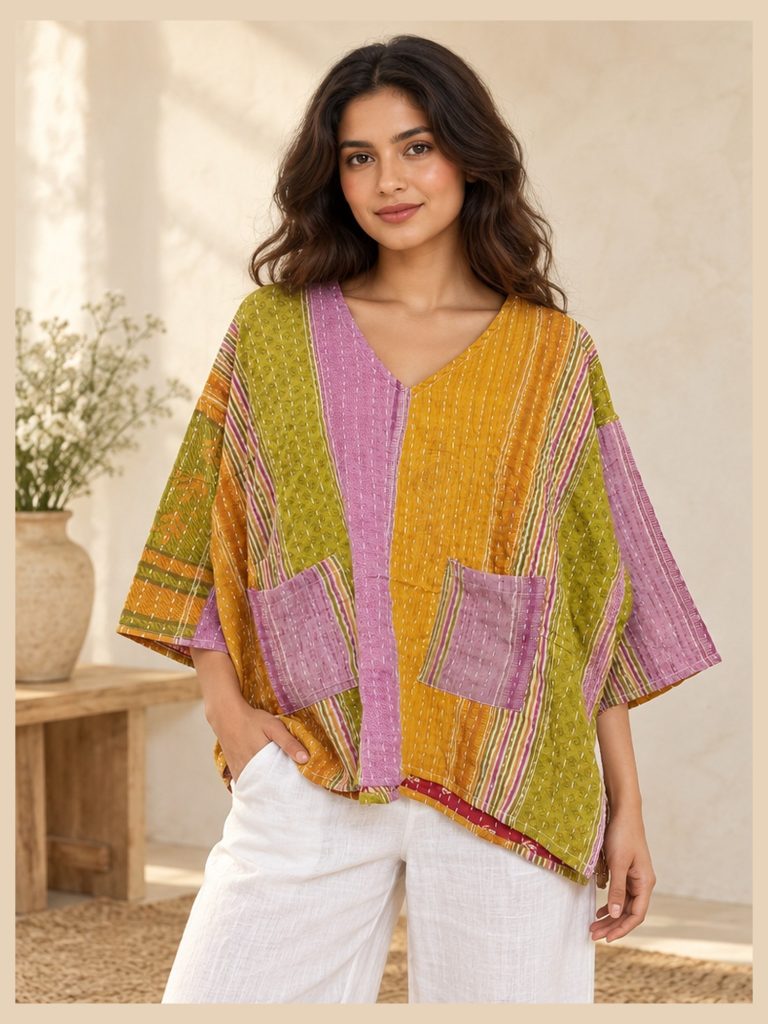 Model wearing a mustard and lilac kantha top