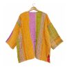 Mustard and Lilac Striped Reversible Kantha Top – Handmade Vintage Cotton Sari Boho Top, Free Size - Image 4