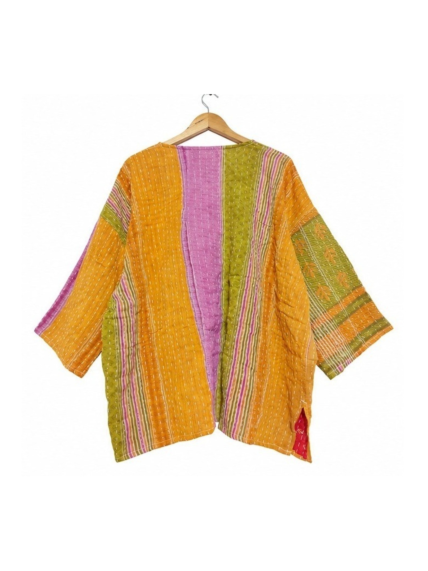 Mustard and Lilac Striped Reversible Kantha Top – Handmade Vintage Cotton Sari Boho Top, Free Size - Image 4