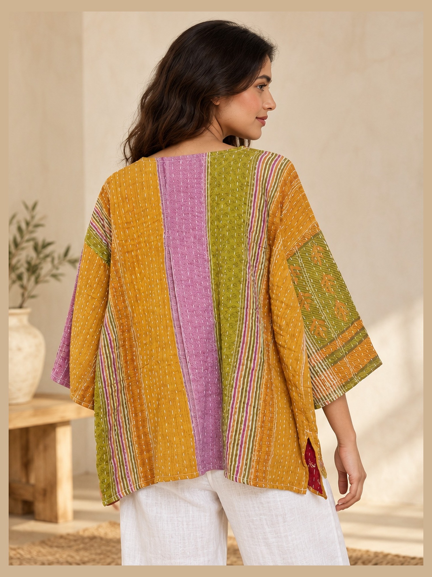 Mustard and Lilac Striped Reversible Kantha Top – Handmade Vintage Cotton Sari Boho Top, Free Size - Image 5