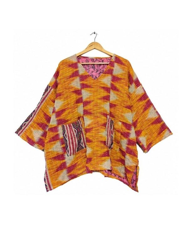 Alternative view of Orange and Magenta Ikat Zigzag Reversible Kantha Top – Handmade Vintage Cotton Sari Boho Top, Free Size
