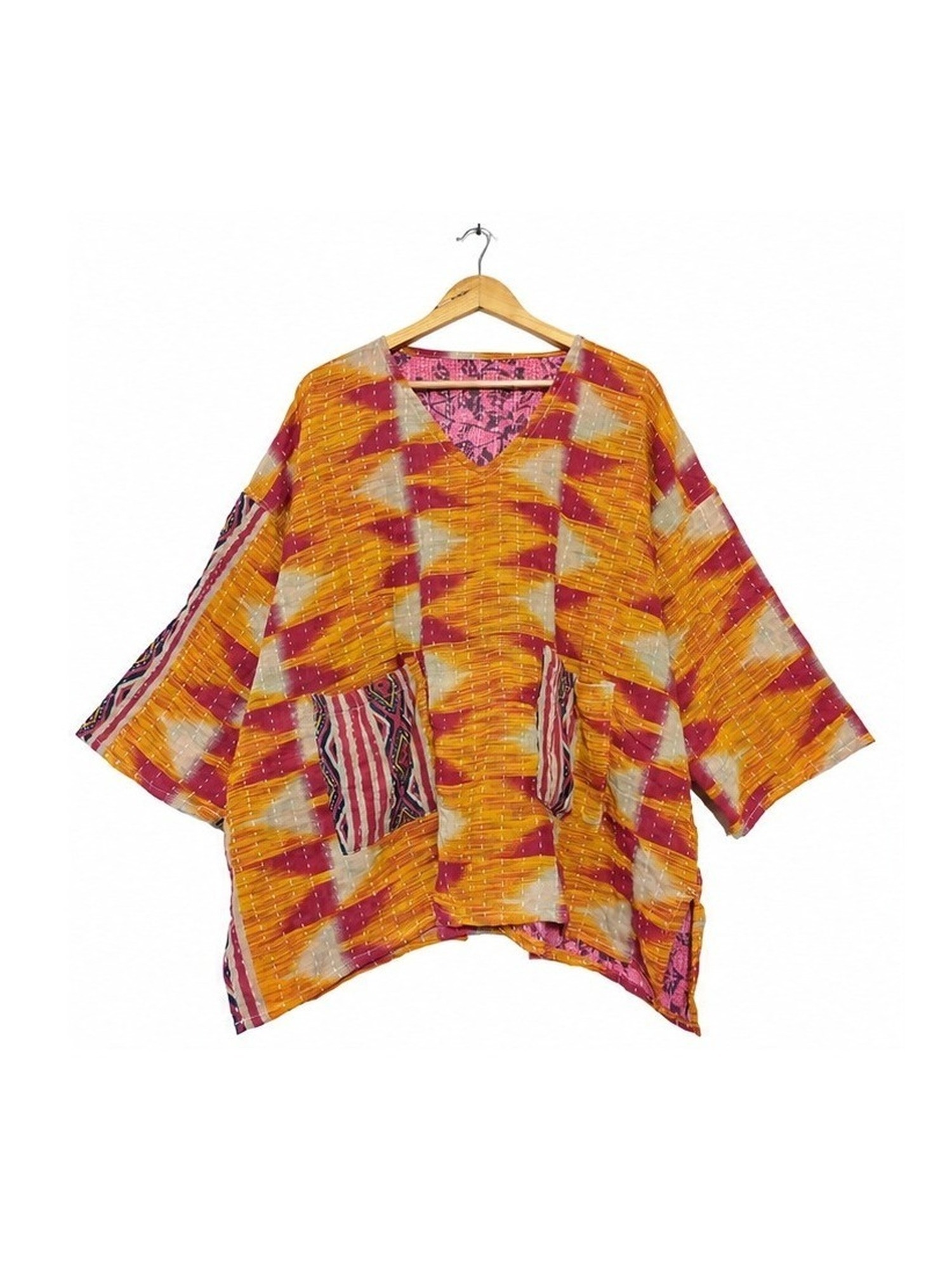 Orange and Magenta Ikat Zigzag Reversible Kantha Top – Handmade Vintage Cotton Sari Boho Top, Free Size - Image 2
