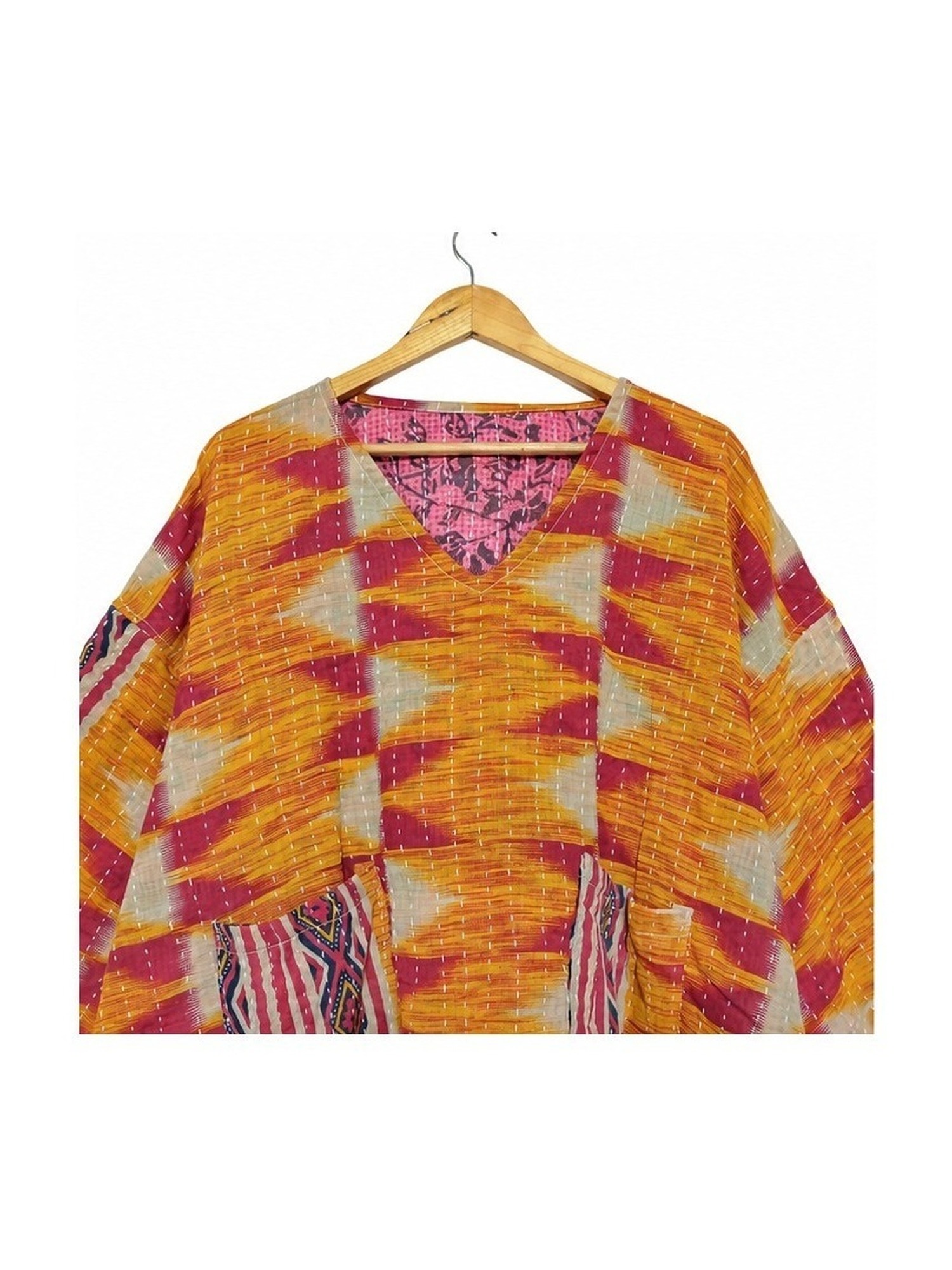 Orange and Magenta Ikat Zigzag Reversible Kantha Top – Handmade Vintage Cotton Sari Boho Top, Free Size - Image 3