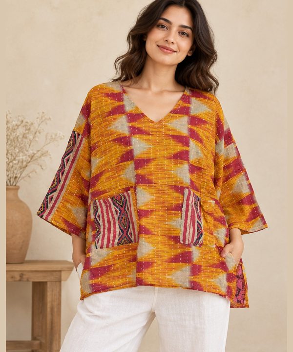 Orange and Magenta Ikat Zigzag Reversible Kantha Top – Handmade Vintage Cotton Sari Boho Top, Free Size