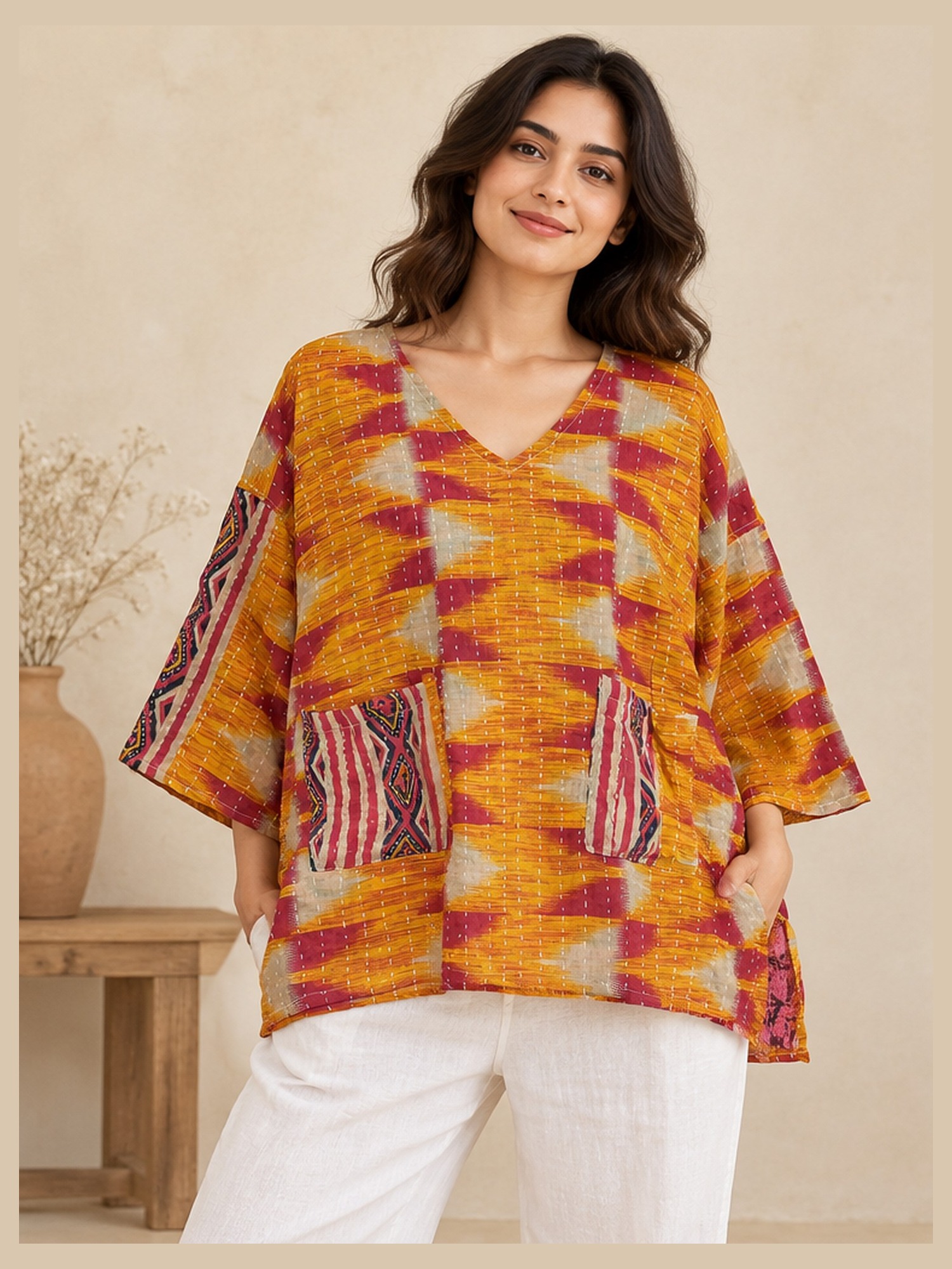 Orange and Magenta Ikat Zigzag Reversible Kantha Top – Handmade Vintage Cotton Sari Boho Top, Free Size