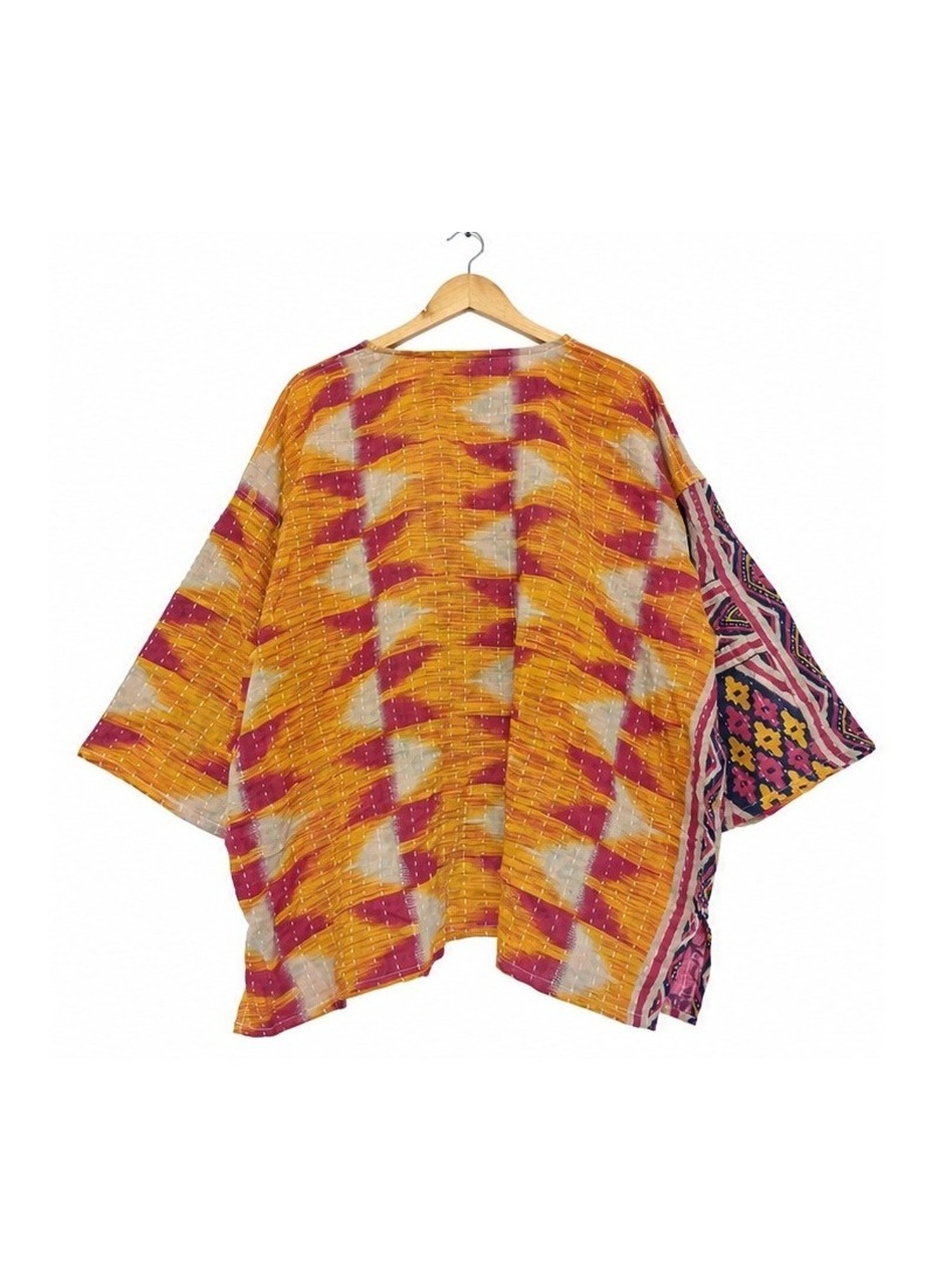 Orange and Magenta Ikat Zigzag Reversible Kantha Top – Handmade Vintage Cotton Sari Boho Top, Free Size - Image 4