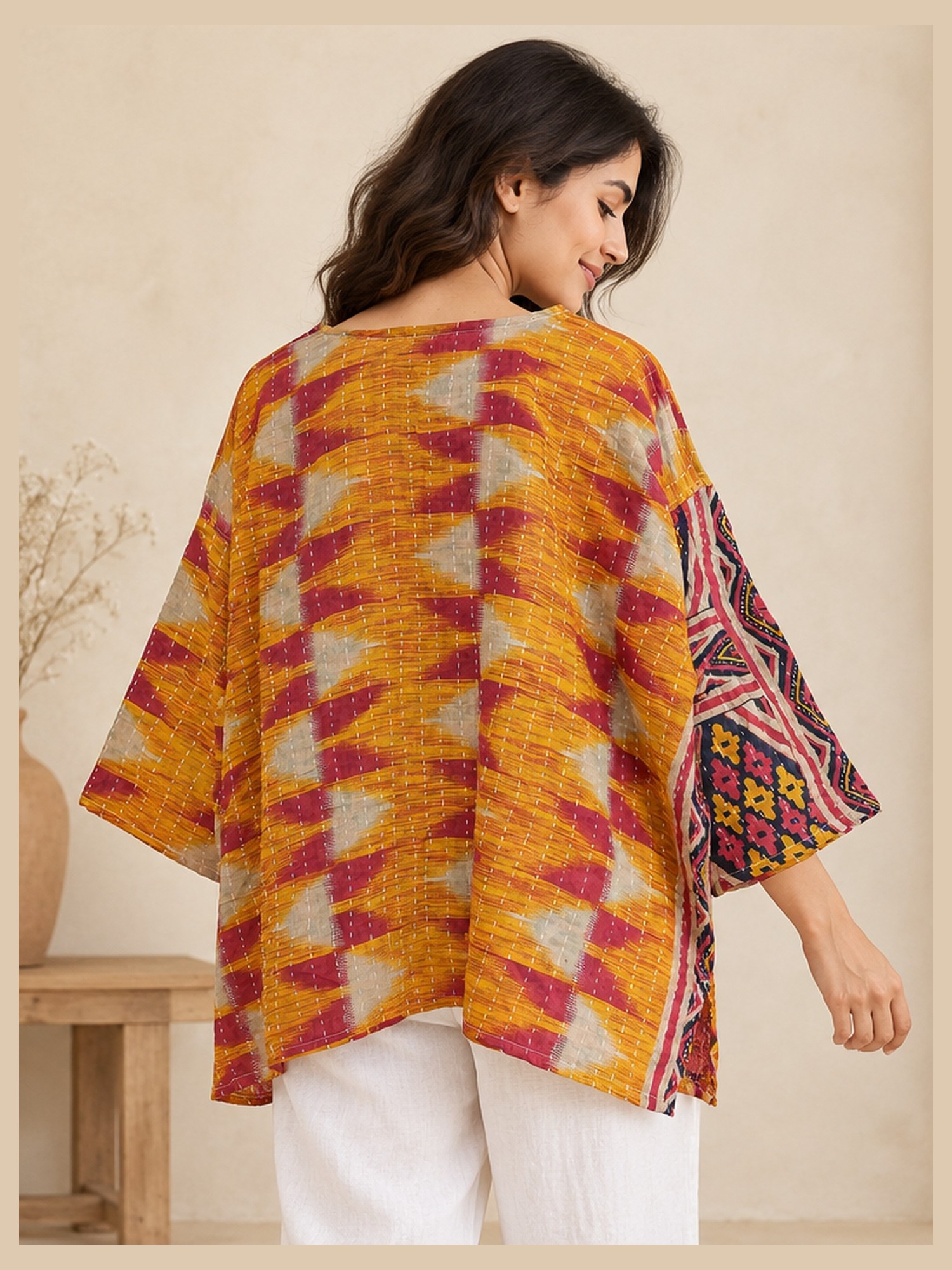 Orange and Magenta Ikat Zigzag Reversible Kantha Top – Handmade Vintage Cotton Sari Boho Top, Free Size - Image 5