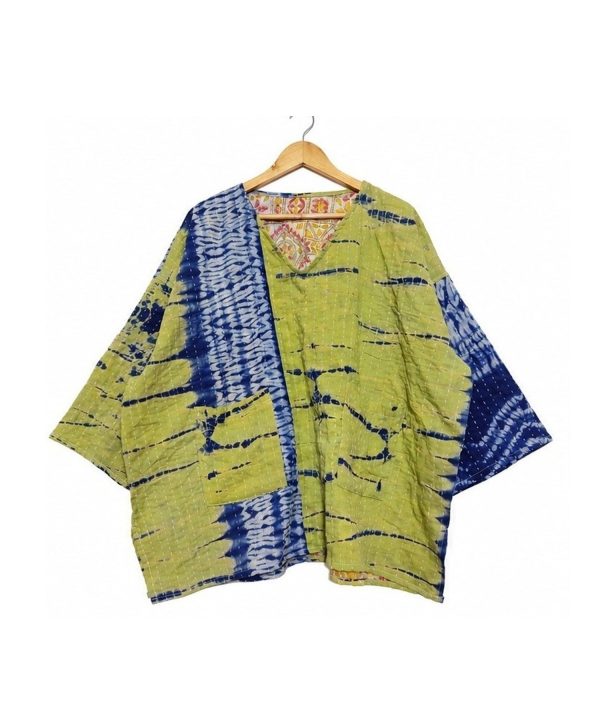 Alternative view of Lime Green and Indigo Shibori Tie-Dye Reversible Kantha Top – Handmade Vintage Cotton Sari Boho Top, Free Size