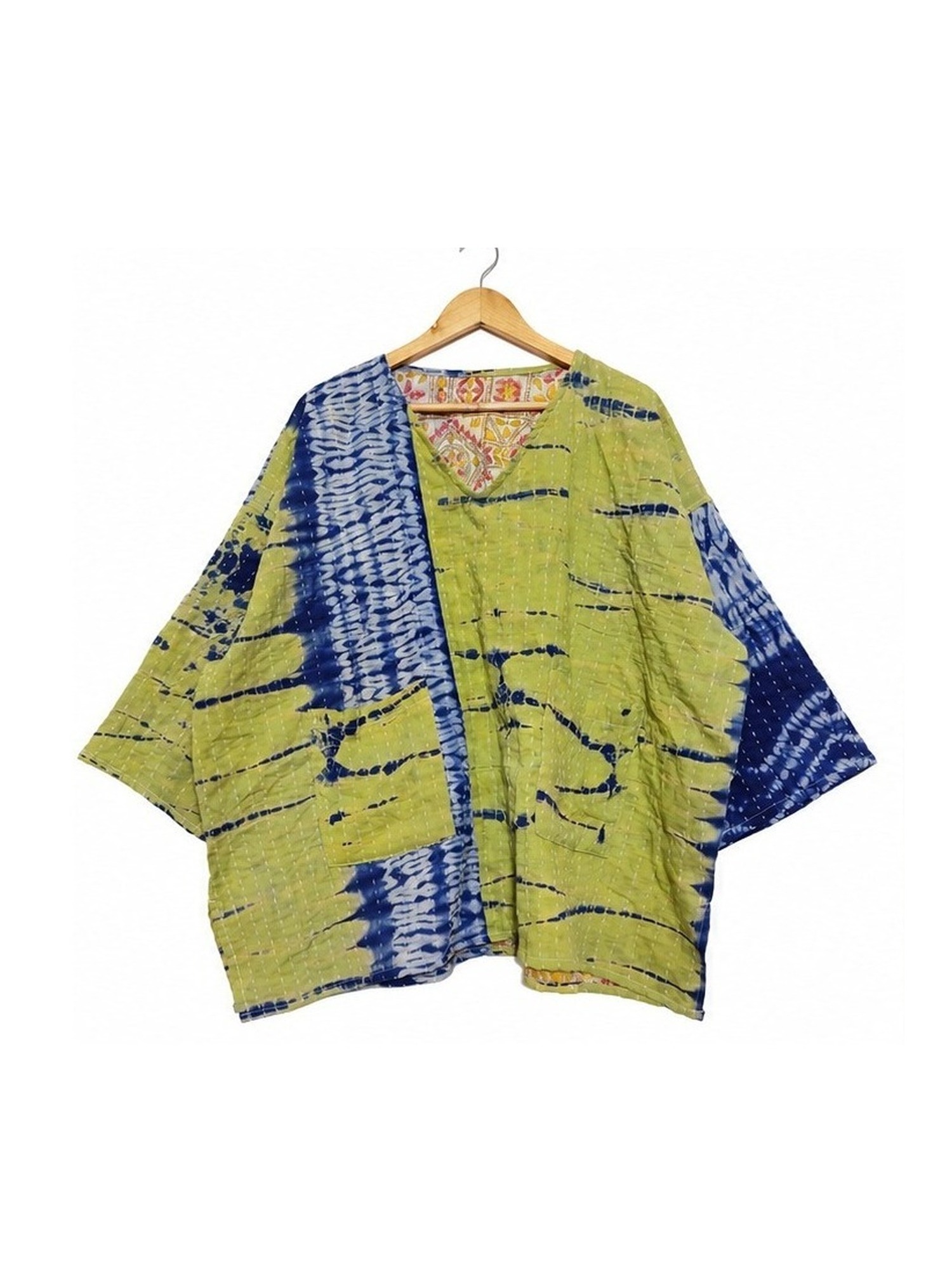 Lime Green and Indigo Shibori Tie-Dye Reversible Kantha Top – Handmade Vintage Cotton Sari Boho Top, Free Size - Image 2