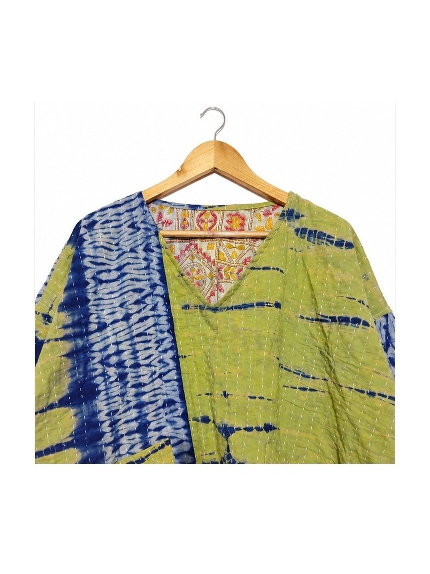 Lime Green and Indigo Shibori Tie-Dye Reversible Kantha Top – Handmade Vintage Cotton Sari Boho Top, Free Size - Image 3