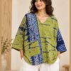 Lime Green and Indigo Shibori Tie-Dye Reversible Kantha Top – Handmade Vintage Cotton Sari Boho Top, Free Size