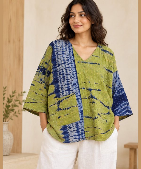 Lime Green and Indigo Shibori Tie-Dye Reversible Kantha Top – Handmade Vintage Cotton Sari Boho Top, Free Size
