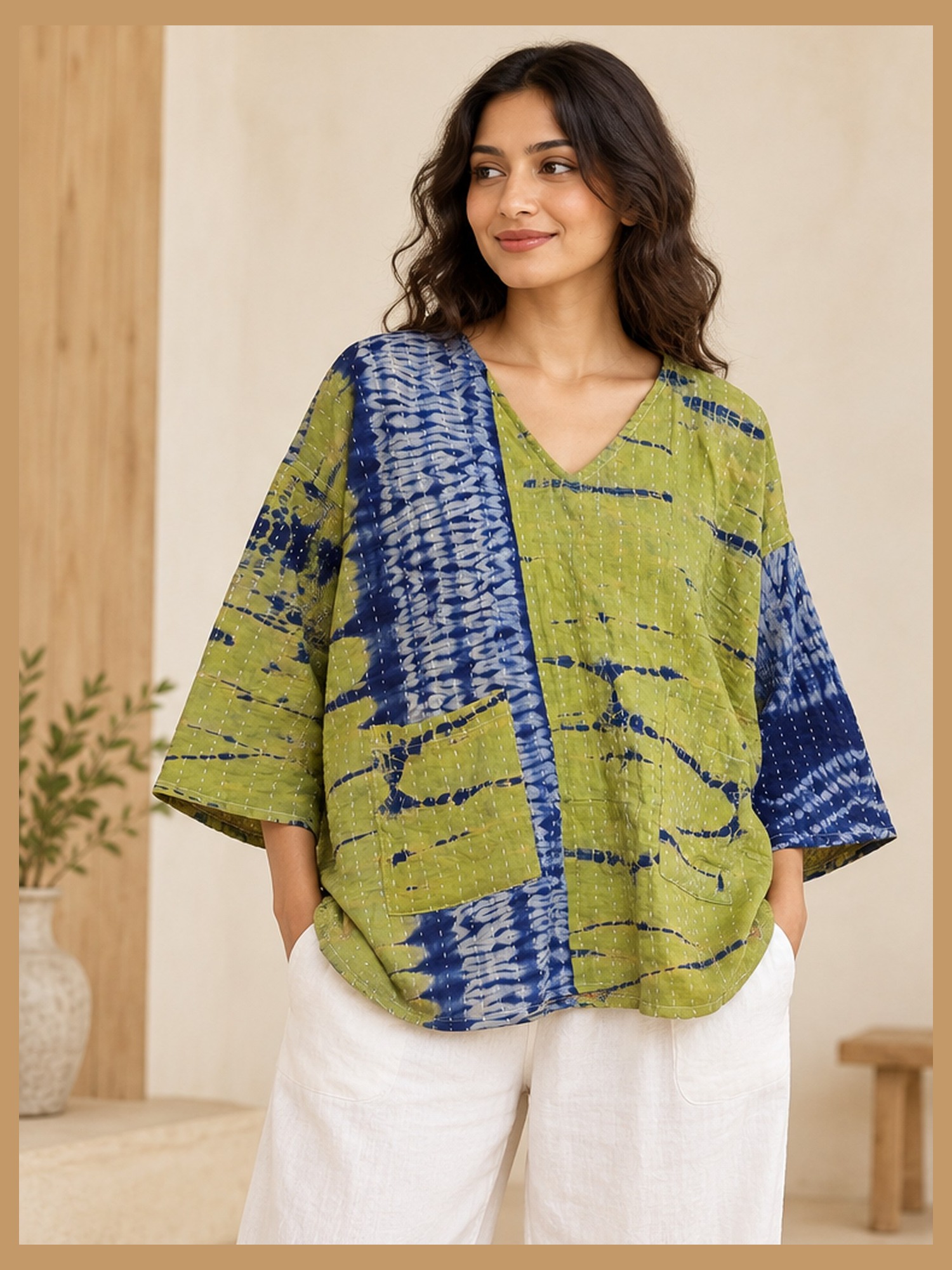 Lime Green and Indigo Shibori Tie-Dye Reversible Kantha Top – Handmade Vintage Cotton Sari Boho Top, Free Size
