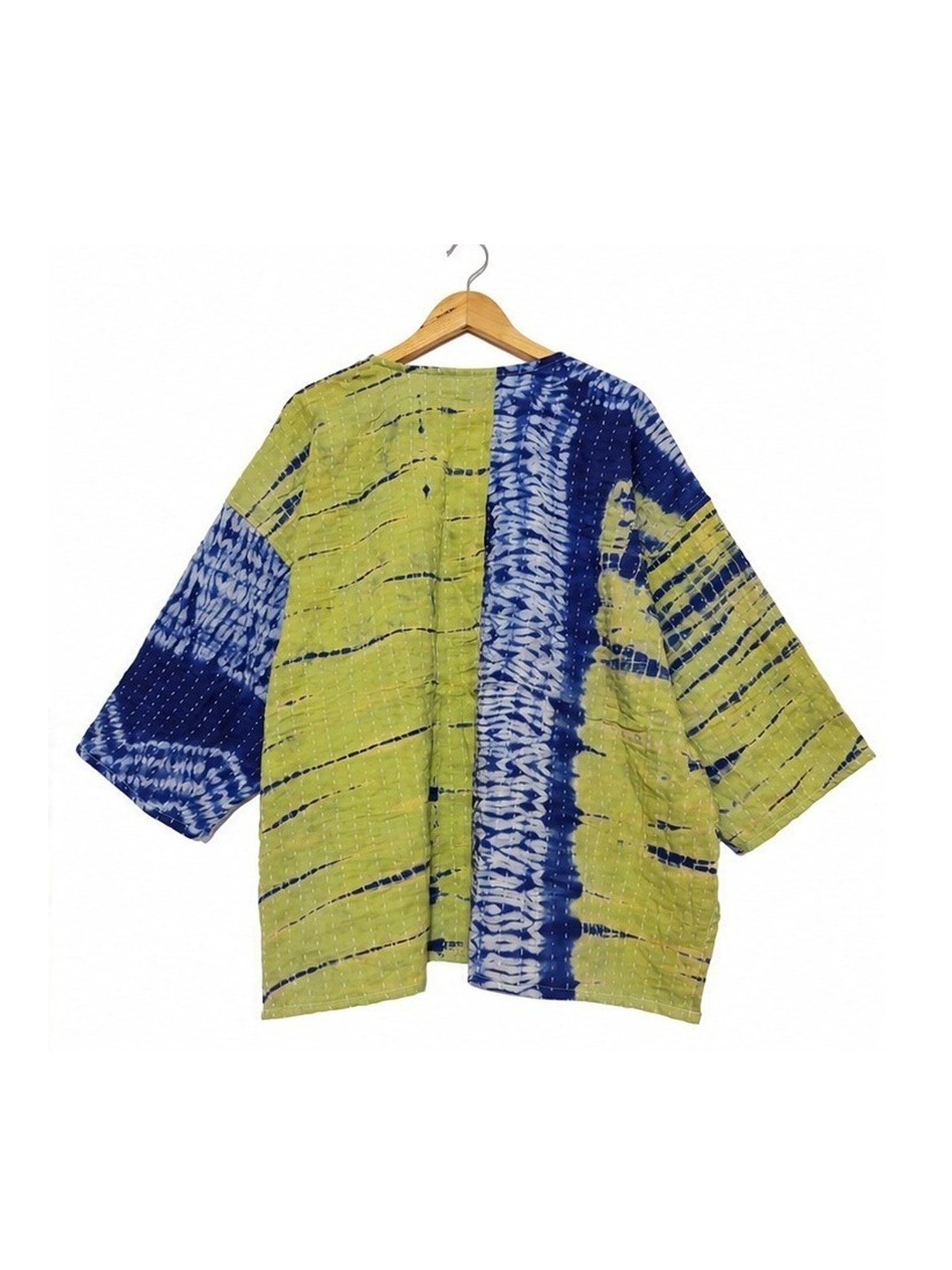 Lime Green and Indigo Shibori Tie-Dye Reversible Kantha Top – Handmade Vintage Cotton Sari Boho Top, Free Size - Image 4