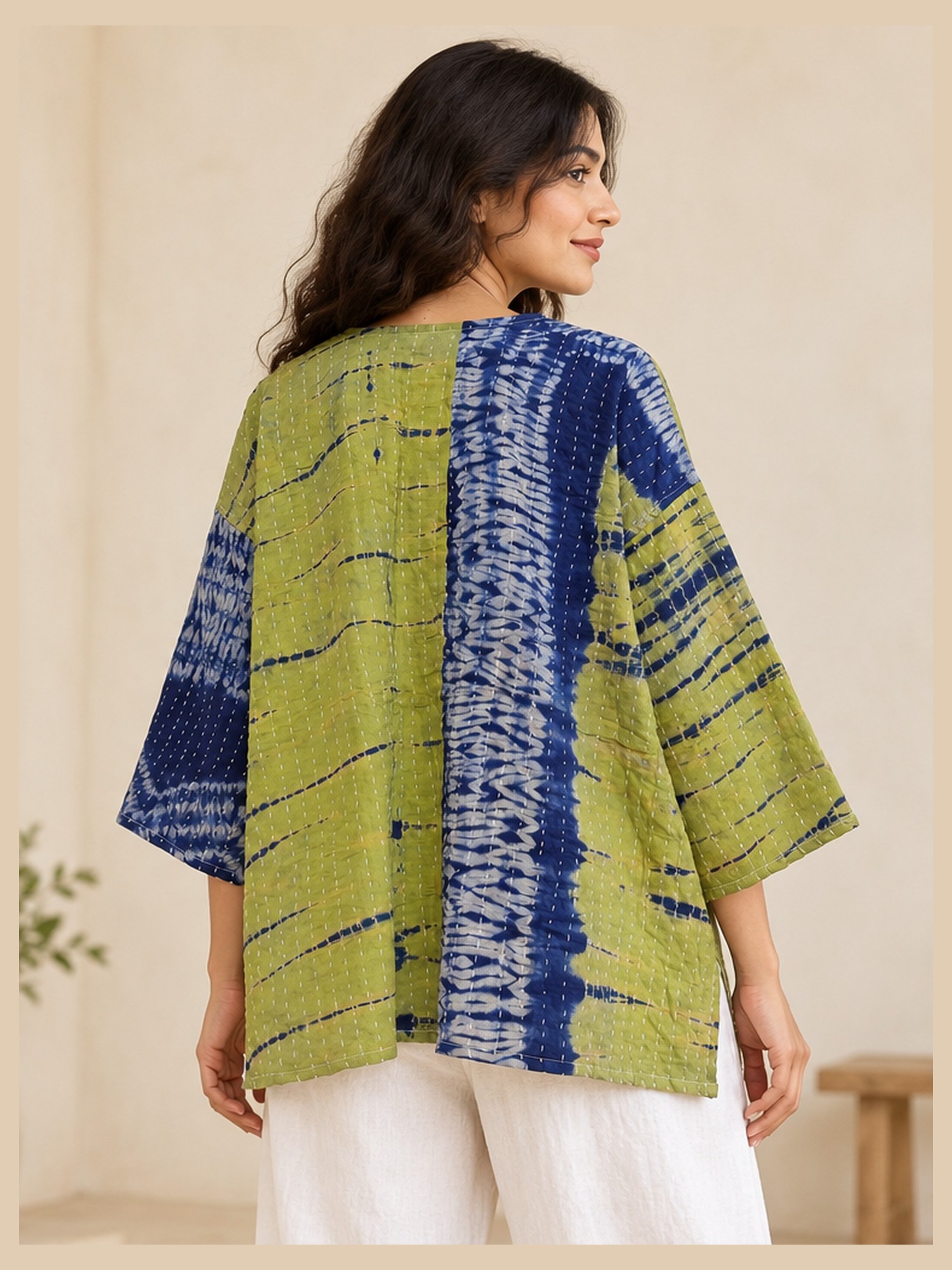 Lime Green and Indigo Shibori Tie-Dye Reversible Kantha Top – Handmade Vintage Cotton Sari Boho Top, Free Size - Image 5