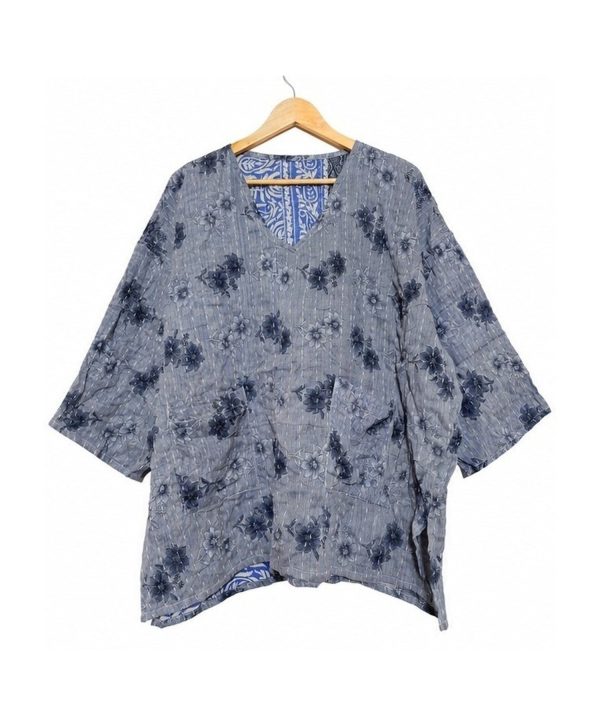 Alternative view of Grey and Navy Floral Reversible Kantha Top – Handmade Vintage Cotton Sari Boho Top, Free Size