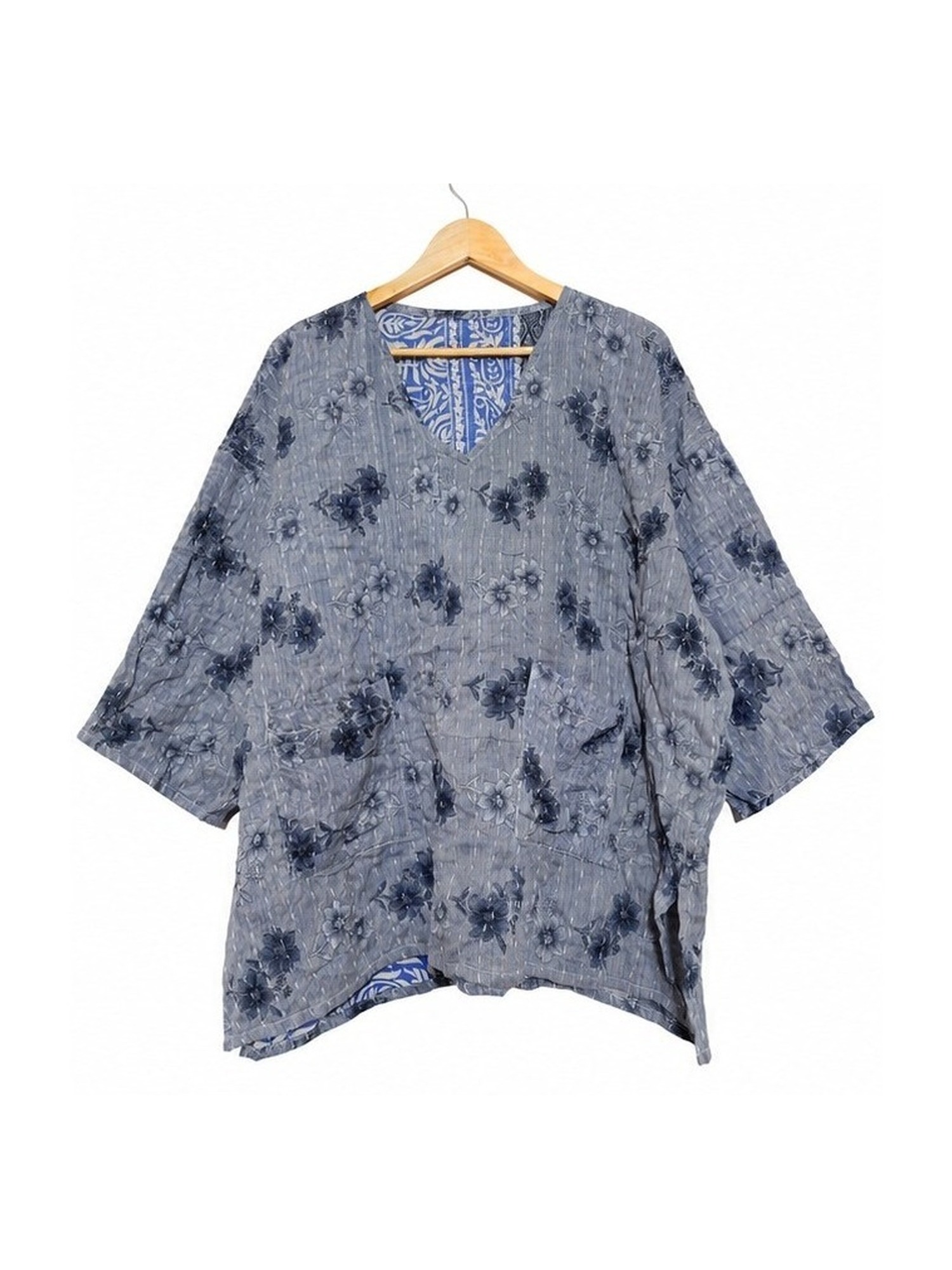 Grey and Navy Floral Reversible Kantha Top – Handmade Vintage Cotton Sari Boho Top, Free Size - Image 2