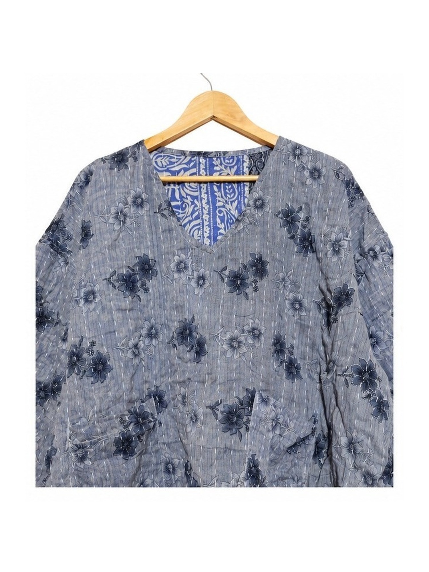 Grey and Navy Floral Reversible Kantha Top – Handmade Vintage Cotton Sari Boho Top, Free Size - Image 3