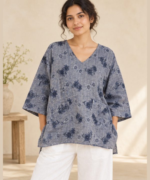 Grey and Navy Floral Reversible Kantha Top – Handmade Vintage Cotton Sari Boho Top, Free Size