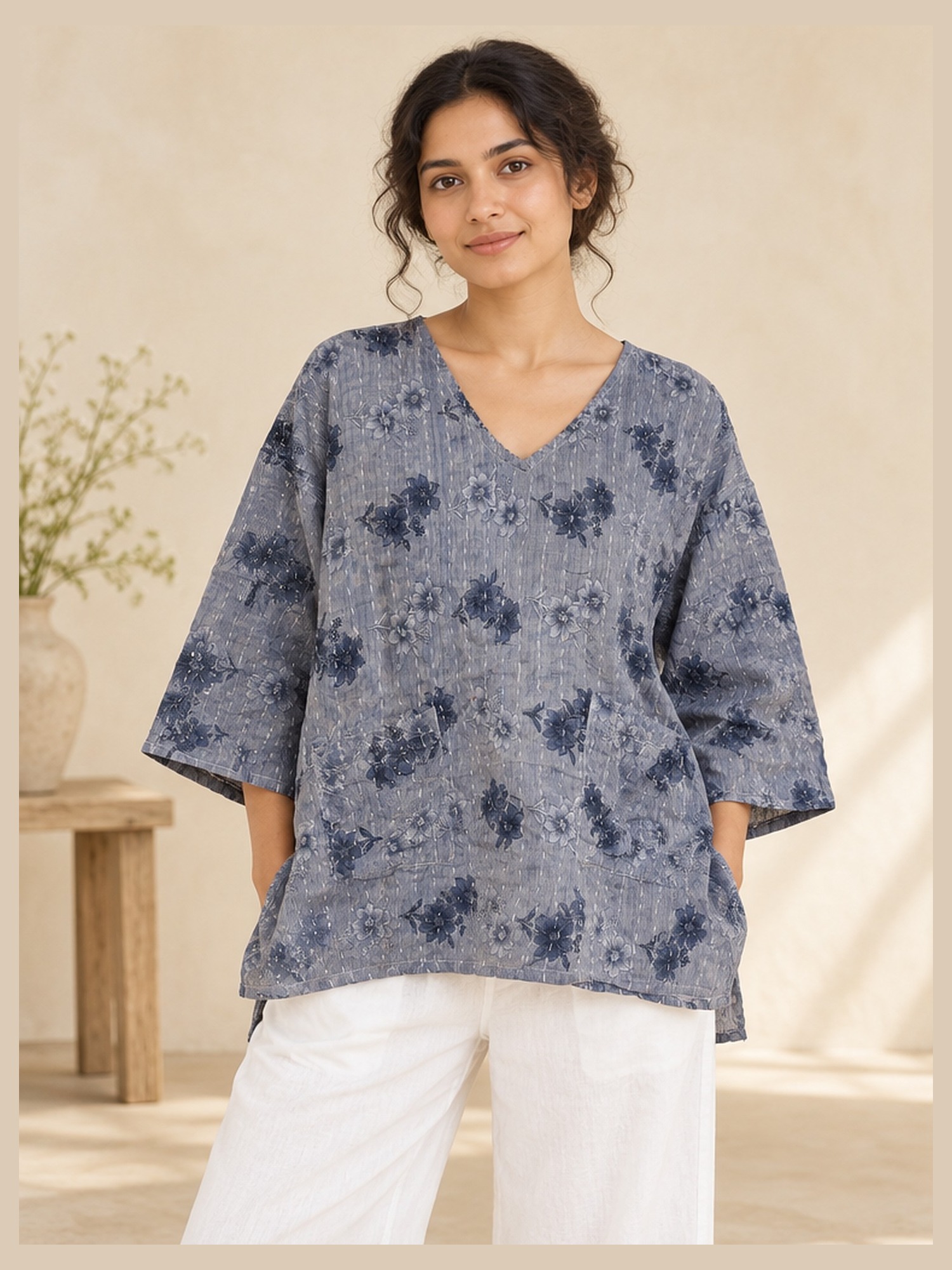 Grey and Navy Floral Reversible Kantha Top – Handmade Vintage Cotton Sari Boho Top, Free Size