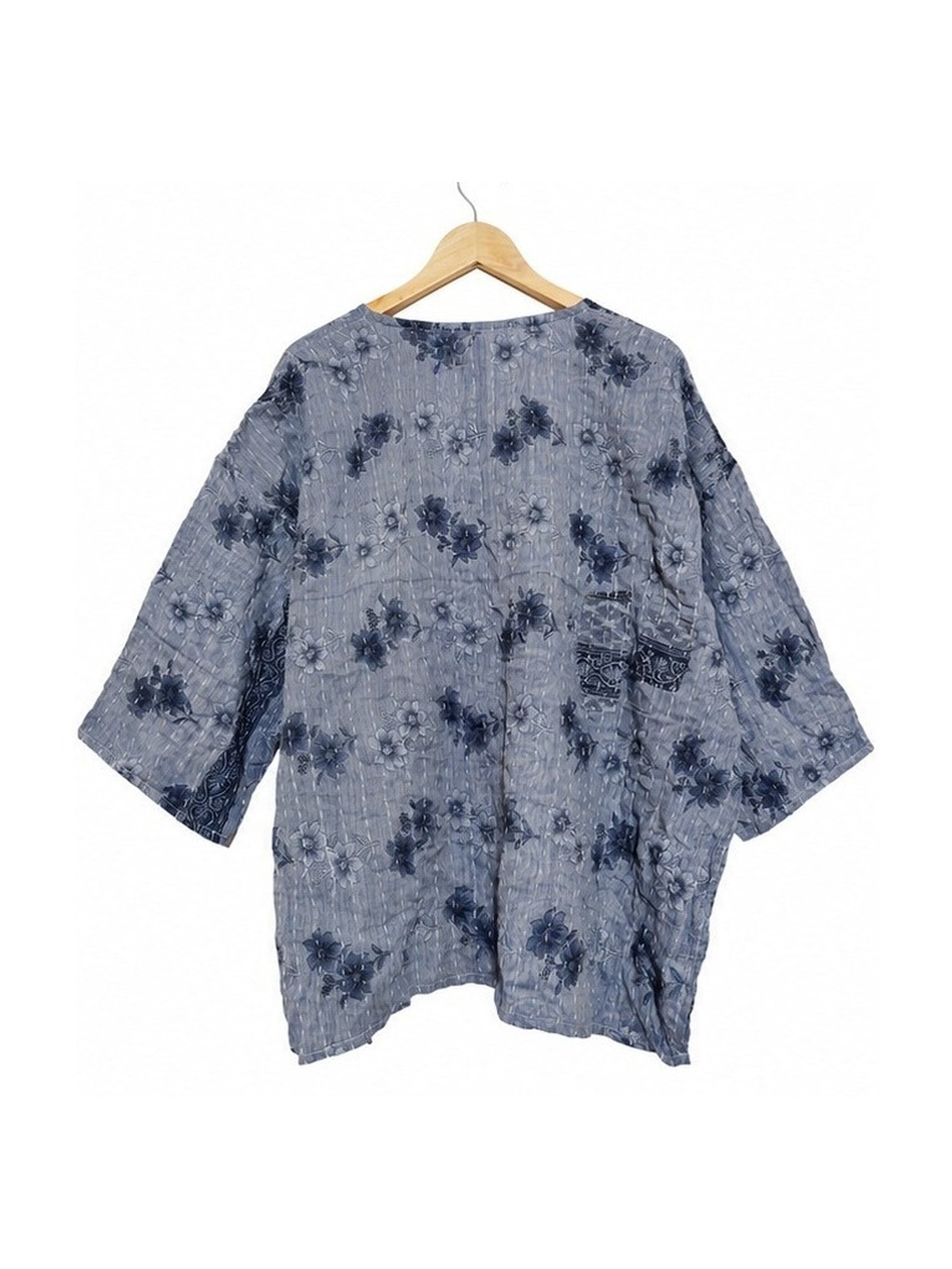 Grey and Navy Floral Reversible Kantha Top – Handmade Vintage Cotton Sari Boho Top, Free Size - Image 4