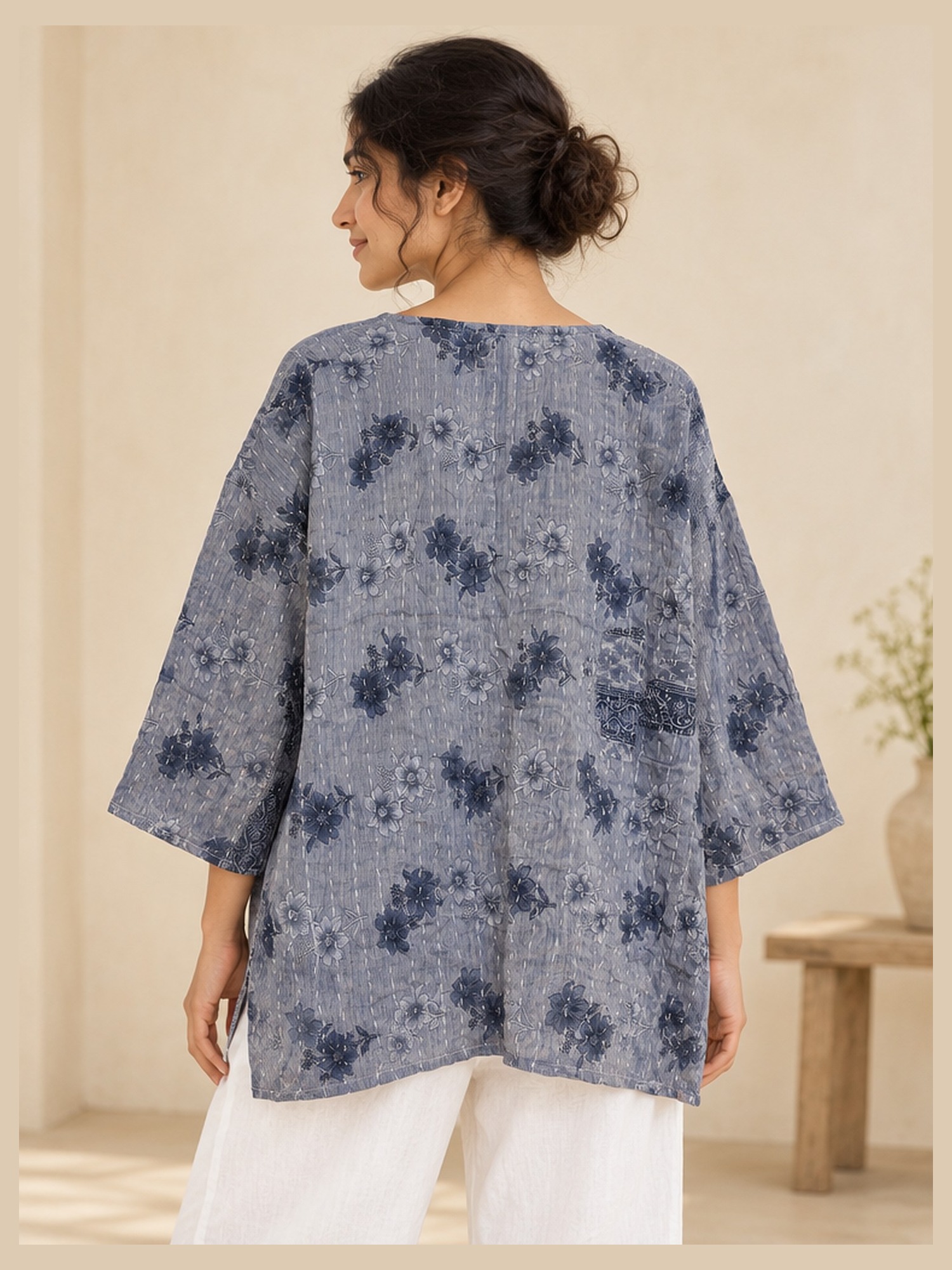 Grey and Navy Floral Reversible Kantha Top – Handmade Vintage Cotton Sari Boho Top, Free Size - Image 5