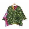 Forest Green and Pink Floral Reversible Kantha Top – Handmade Vintage Cotton Sari Boho Top, Free Size - Image 2