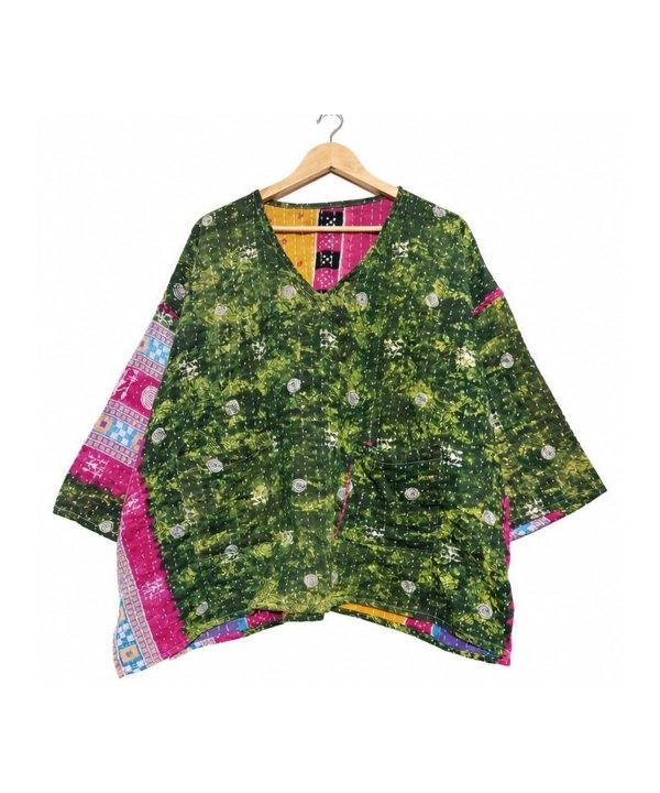 Alternative view of Forest Green and Pink Floral Reversible Kantha Top – Handmade Vintage Cotton Sari Boho Top, Free Size
