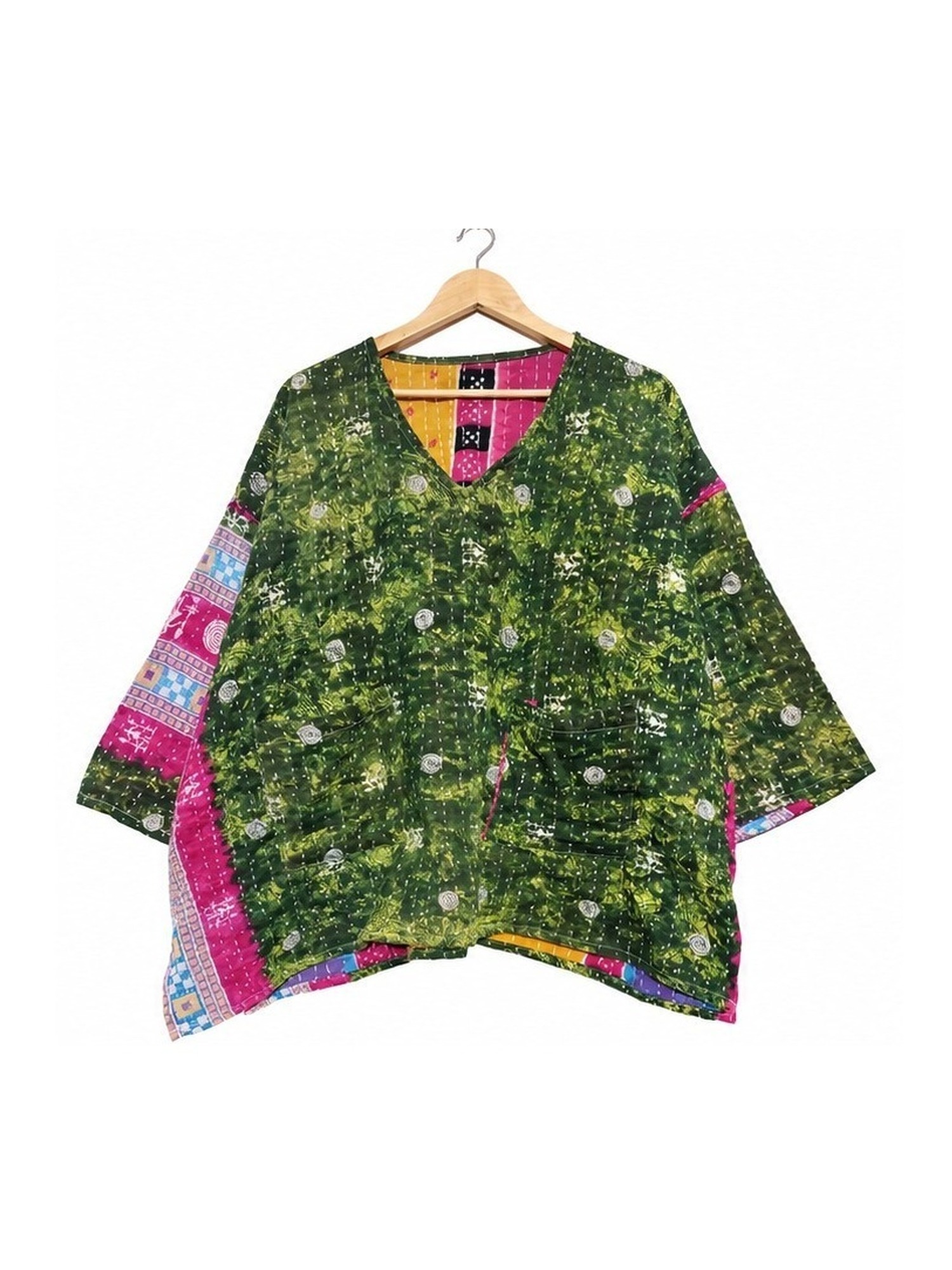 Forest Green and Pink Floral Reversible Kantha Top – Handmade Vintage Cotton Sari Boho Top, Free Size - Image 2