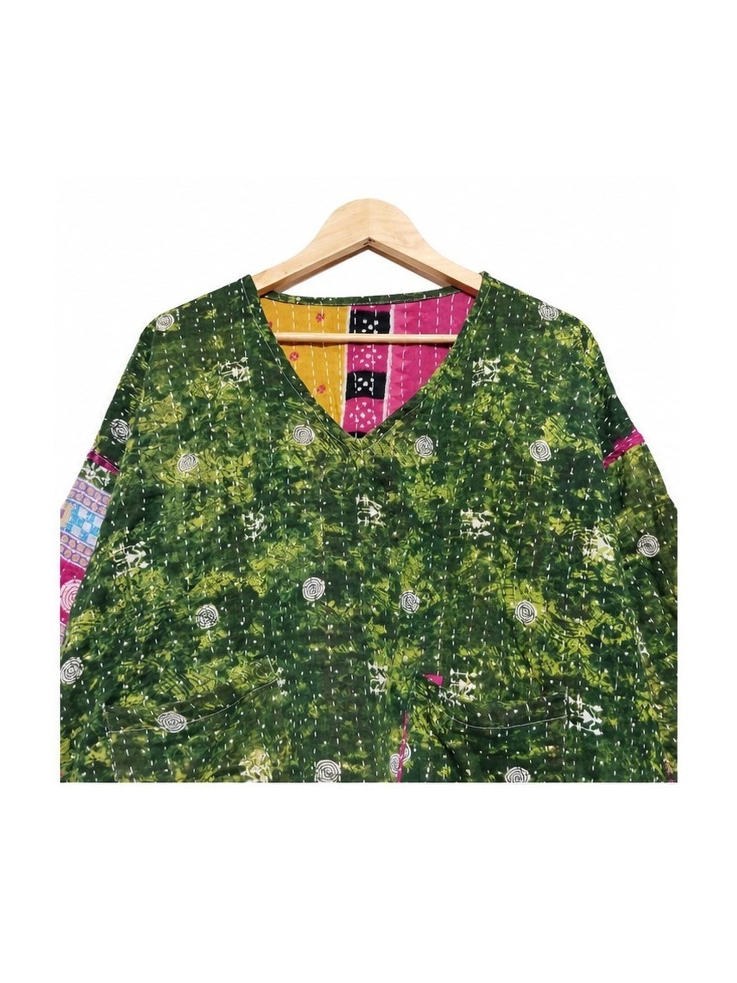 Forest Green and Pink Floral Reversible Kantha Top – Handmade Vintage Cotton Sari Boho Top, Free Size - Image 3