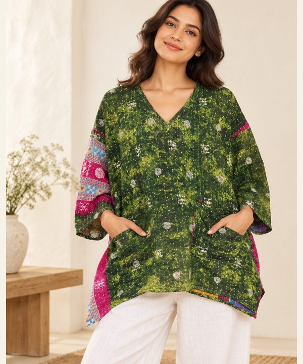 Forest Green and Pink Floral Reversible Kantha Top – Handmade Vintage Cotton Sari Boho Top, Free Size