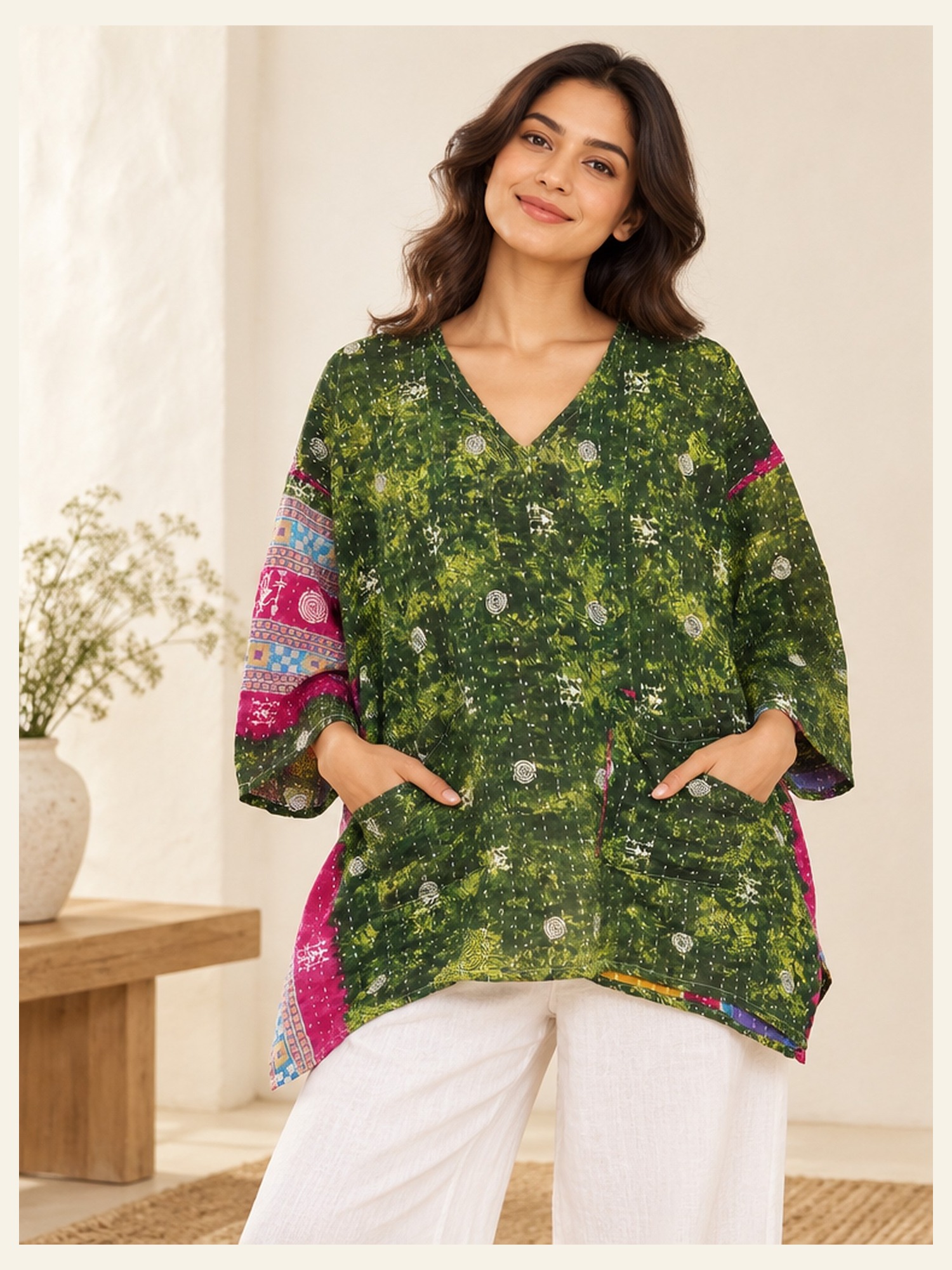 Forest Green and Pink Floral Reversible Kantha Top – Handmade Vintage Cotton Sari Boho Top, Free Size