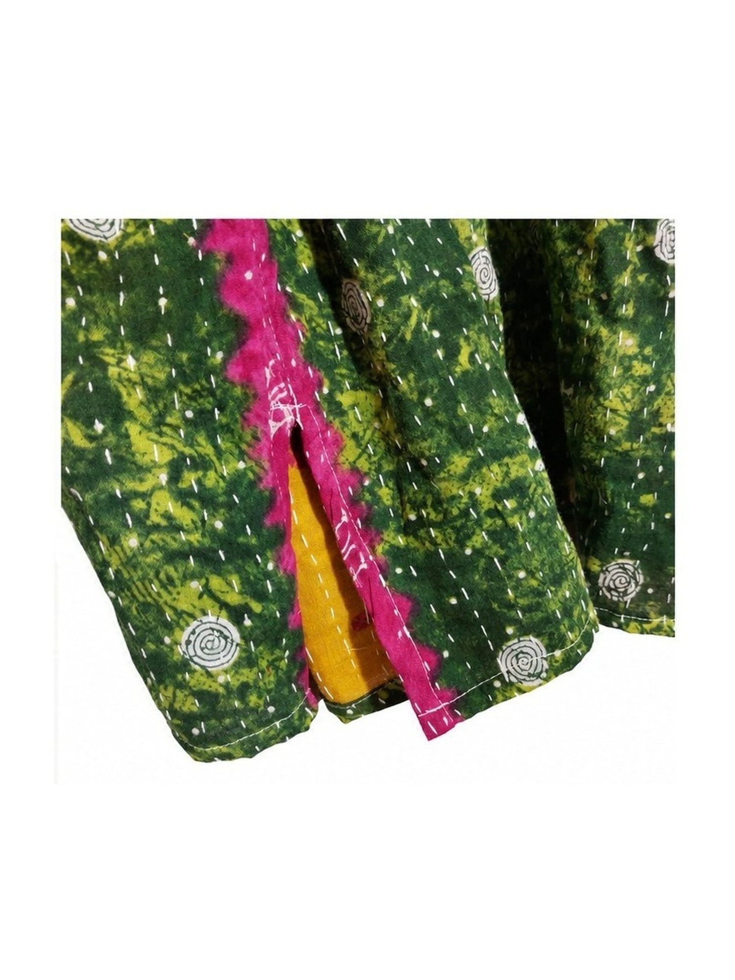 Forest Green and Pink Floral Reversible Kantha Top – Handmade Vintage Cotton Sari Boho Top, Free Size - Image 5