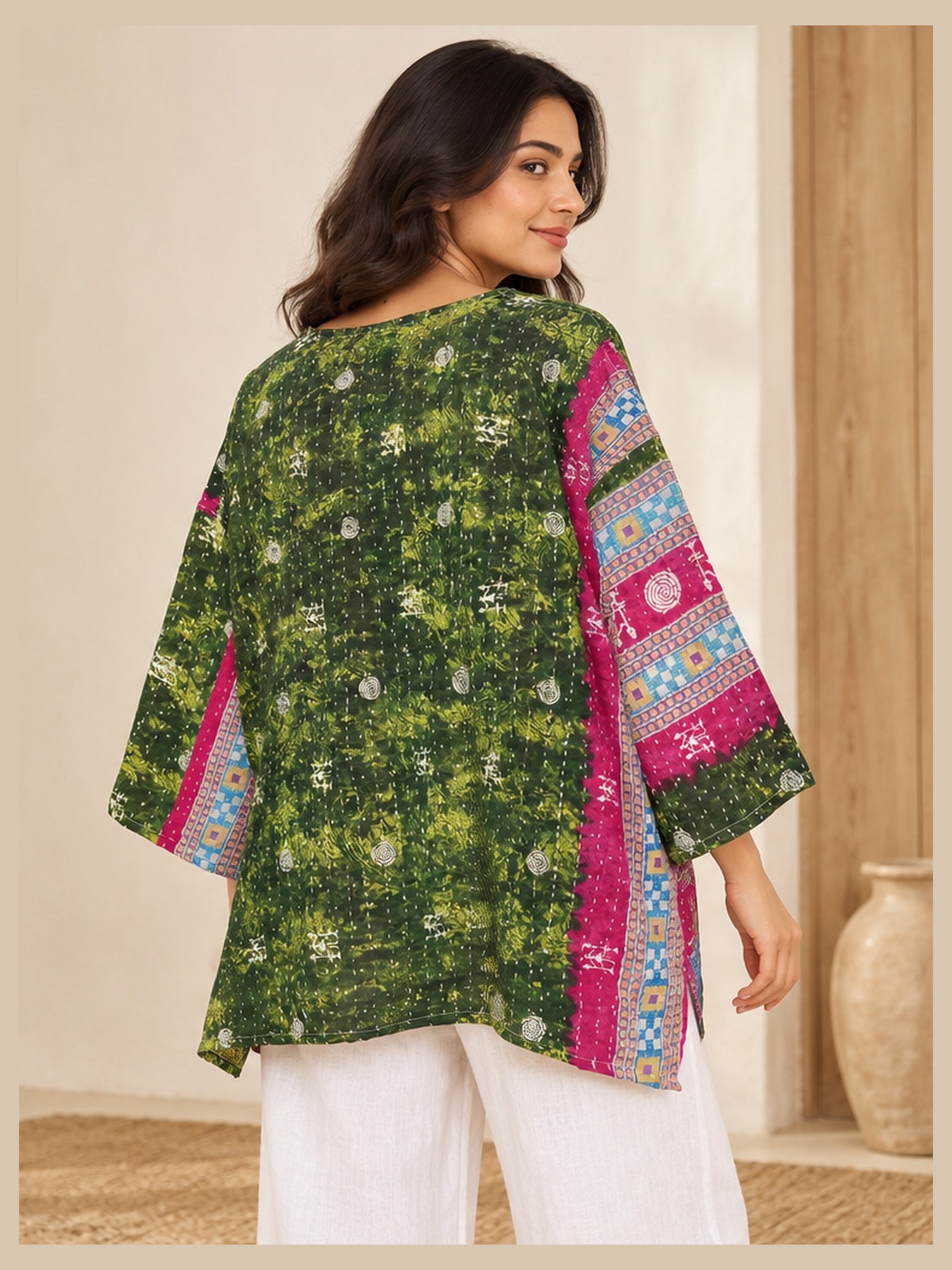 Forest Green and Pink Floral Reversible Kantha Top – Handmade Vintage Cotton Sari Boho Top, Free Size - Image 4