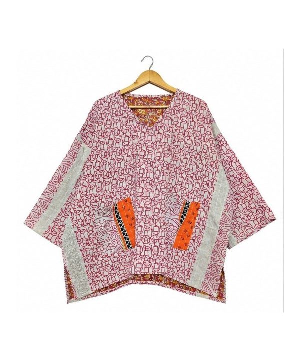 Alternative view of Pink and Ivory Ditsy Floral Reversible Kantha Top – Handmade Vintage Cotton Sari Boho Top, Free Size