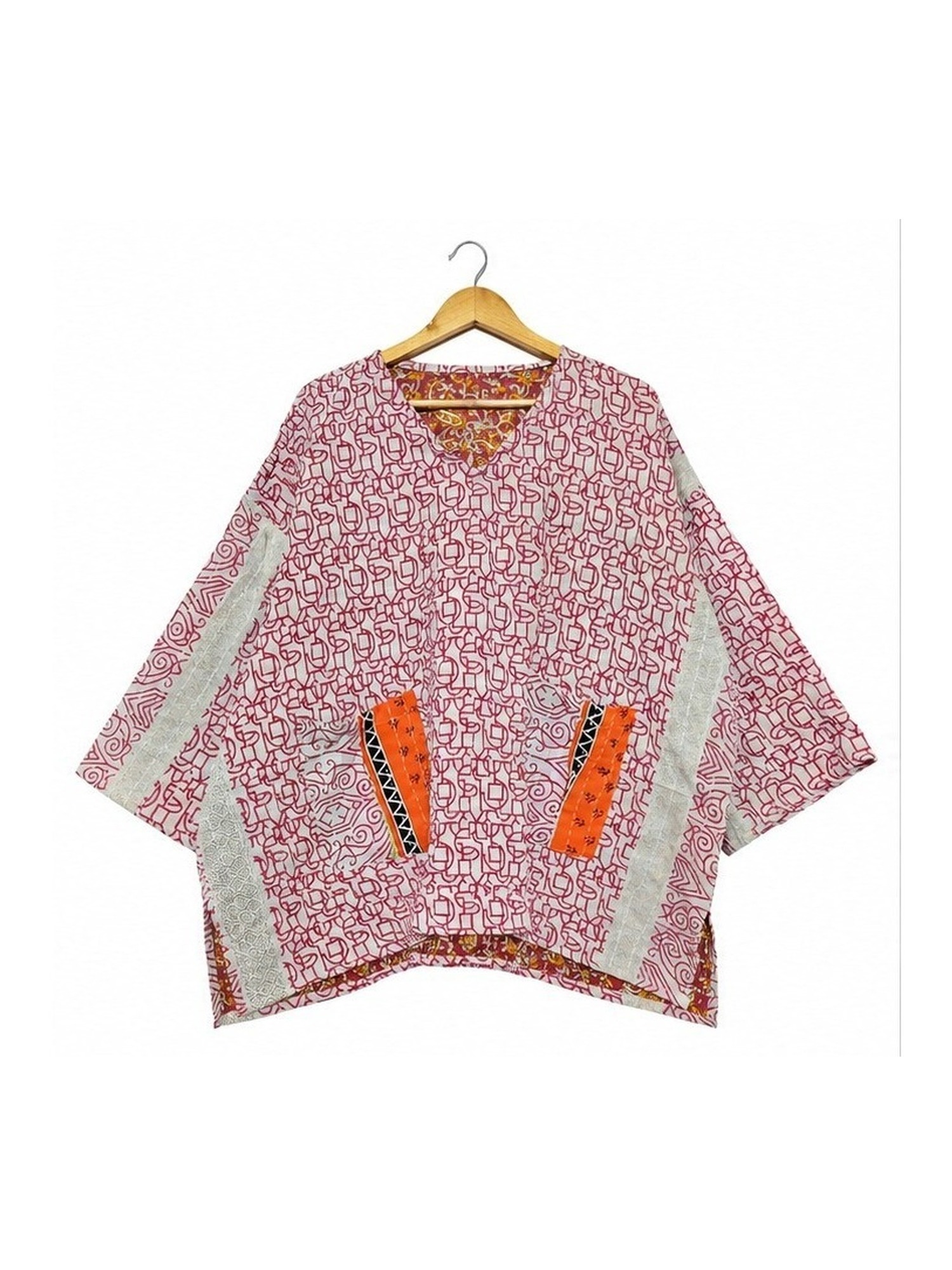 Pink and Ivory Ditsy Floral Reversible Kantha Top – Handmade Vintage Cotton Sari Boho Top, Free Size - Image 2