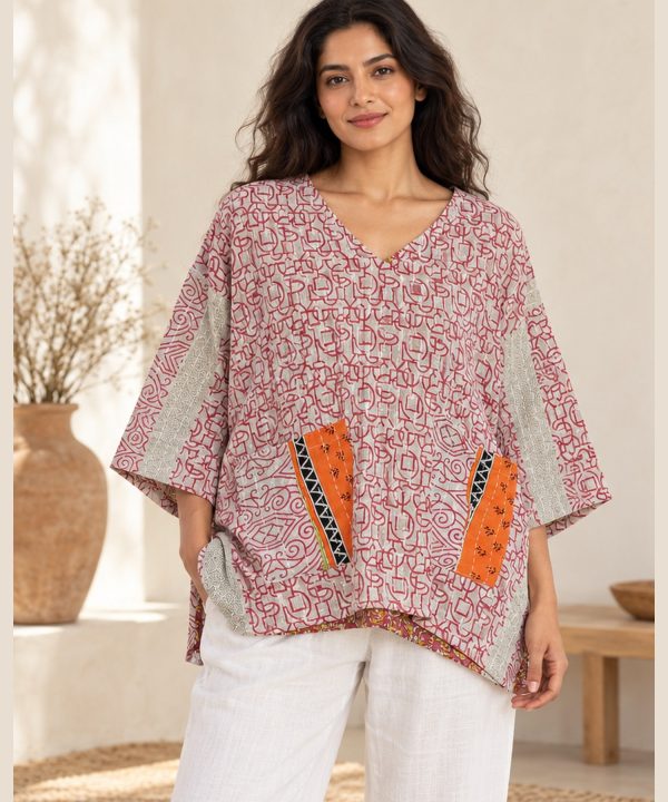 Pink and Ivory Ditsy Floral Reversible Kantha Top – Handmade Vintage Cotton Sari Boho Top, Free Size