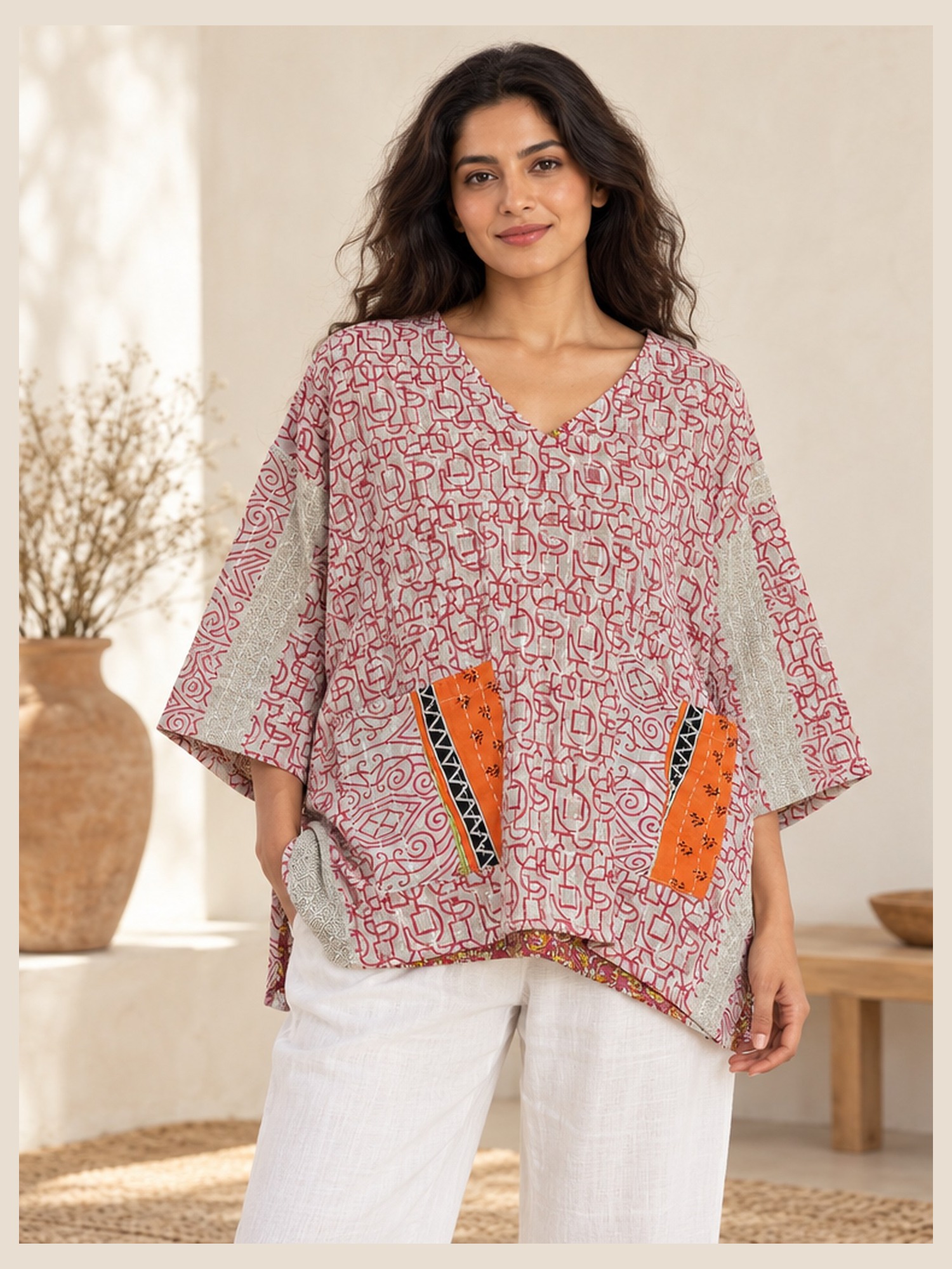 Pink and Ivory Ditsy Floral Reversible Kantha Top – Handmade Vintage Cotton Sari Boho Top, Free Size
