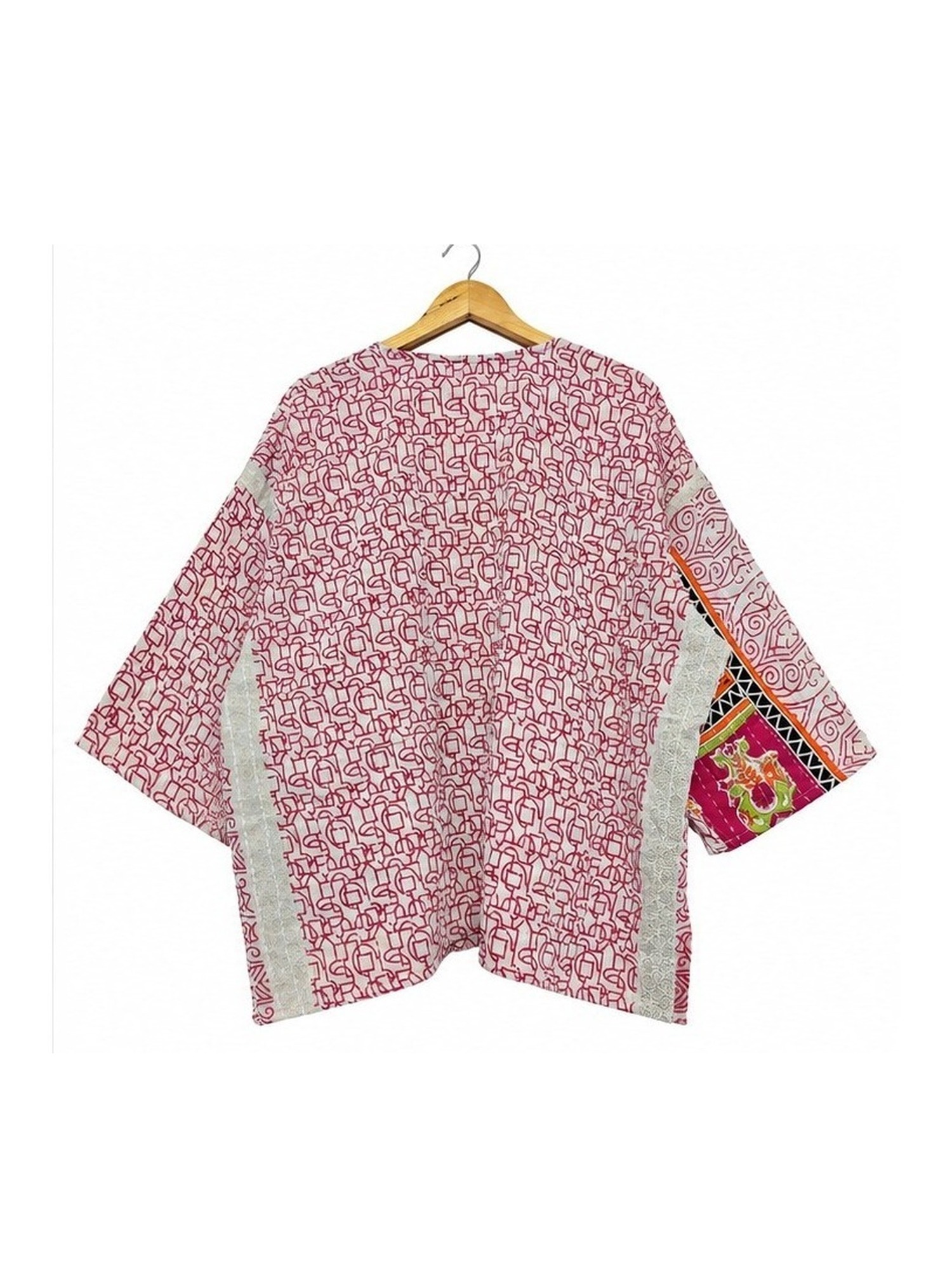 Pink and Ivory Ditsy Floral Reversible Kantha Top – Handmade Vintage Cotton Sari Boho Top, Free Size - Image 4
