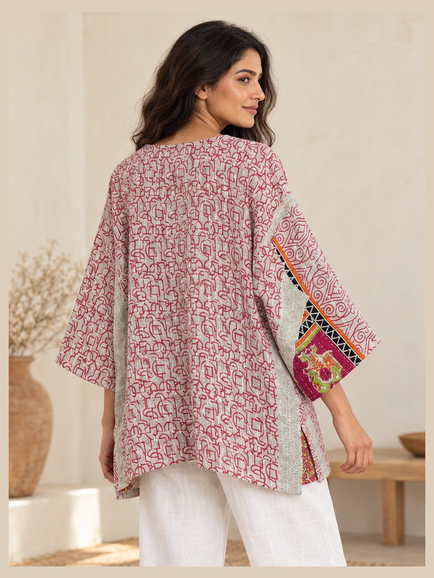 Pink and Ivory Ditsy Floral Reversible Kantha Top – Handmade Vintage Cotton Sari Boho Top, Free Size - Image 5