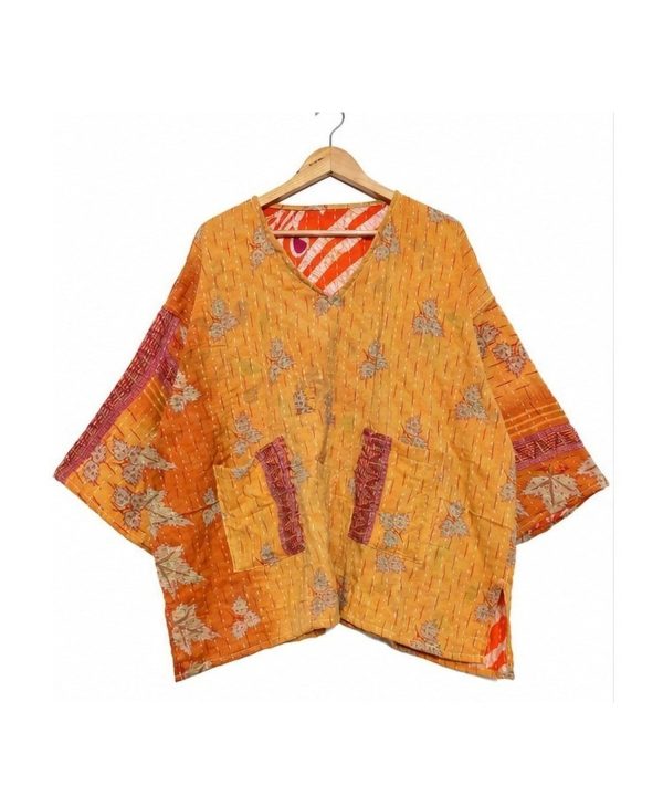 Alternative view of Saffron Orange Floral Reversible Kantha Top – Handmade Vintage Cotton Sari Boho Top, Free Size