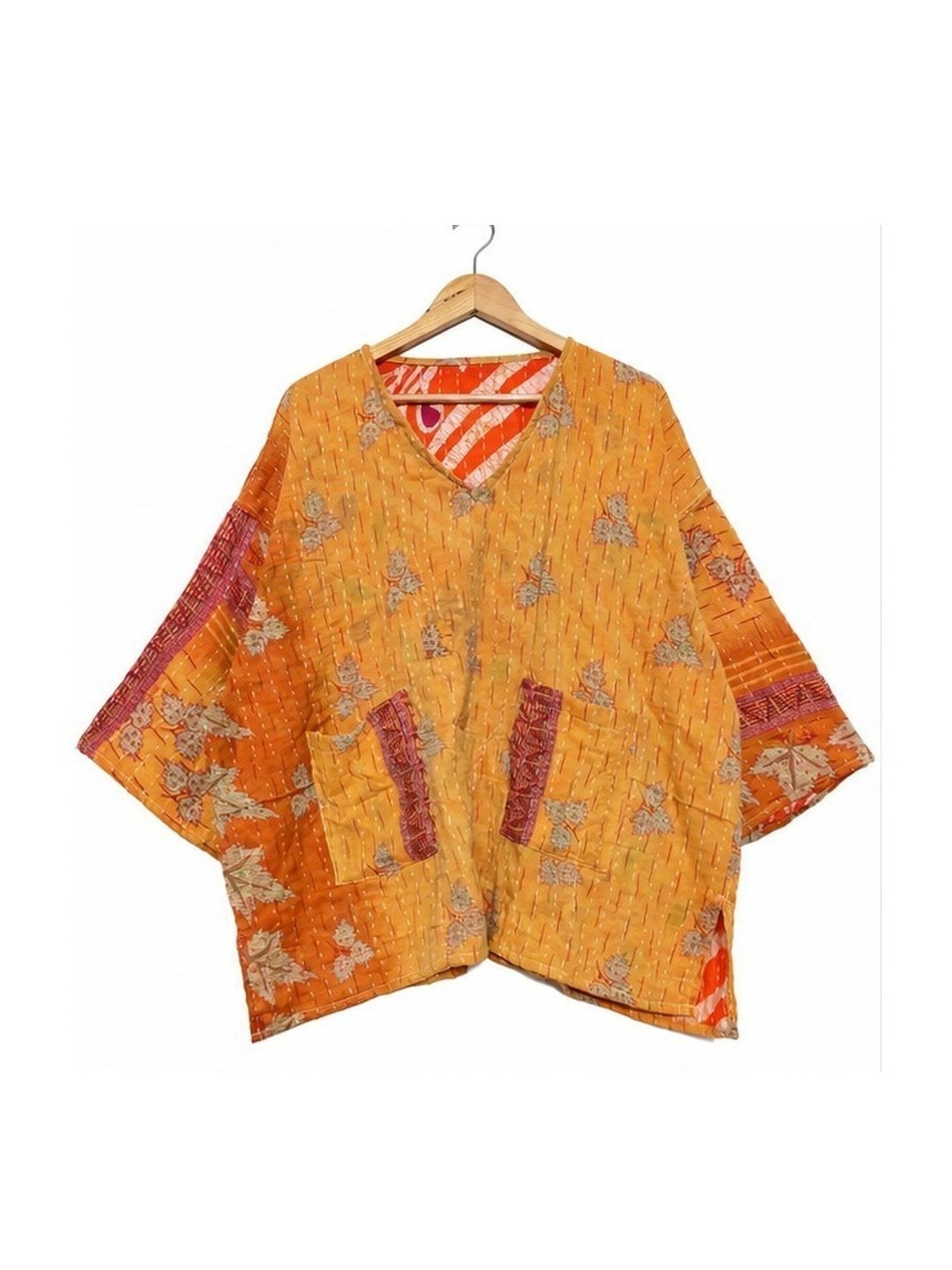 Saffron Orange Floral Reversible Kantha Top – Handmade Vintage Cotton Sari Boho Top, Free Size - Image 2