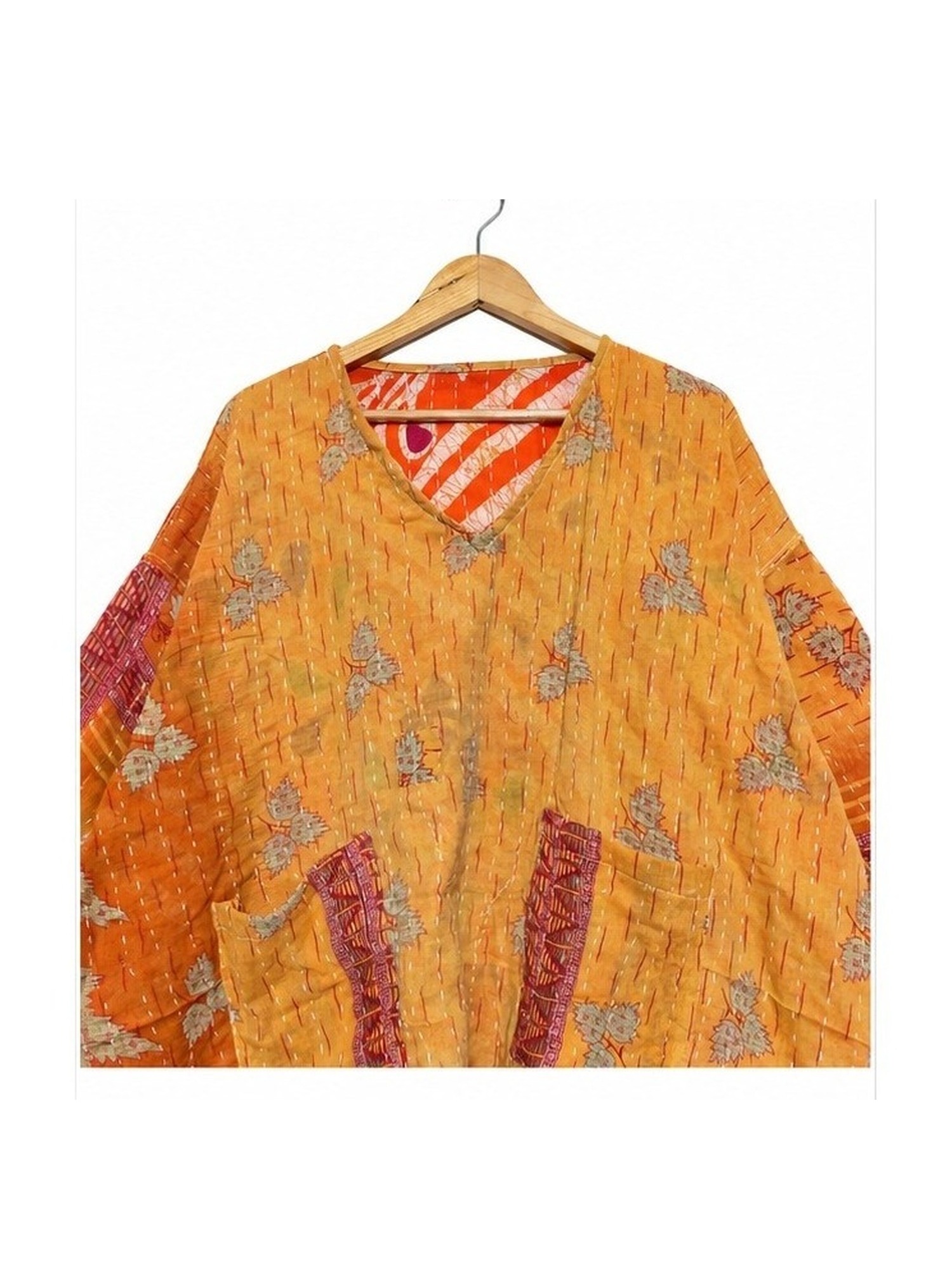 Saffron Orange Floral Reversible Kantha Top – Handmade Vintage Cotton Sari Boho Top, Free Size - Image 3