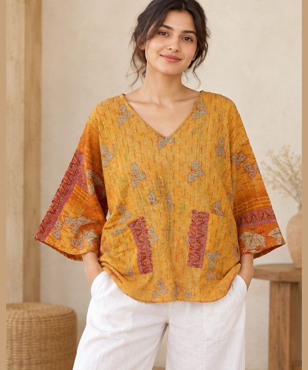 Saffron Orange Floral Reversible Kantha Top – Handmade Vintage Cotton Sari Boho Top, Free Size